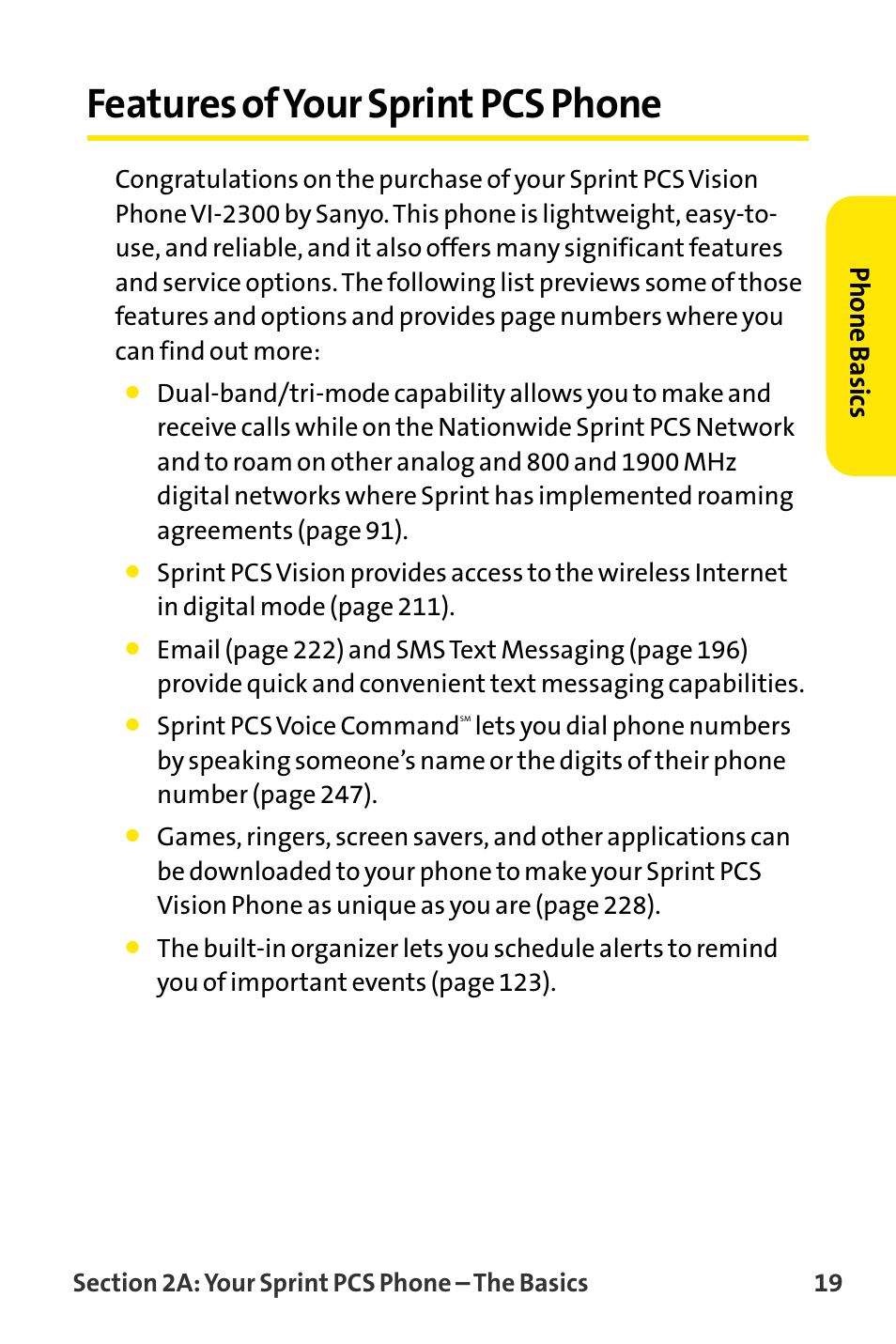 Features of your sprint pcs, Features of your sprint pcs phone, Phone basics | Sanyo VI-2300 User Manual | Page 31 / 286