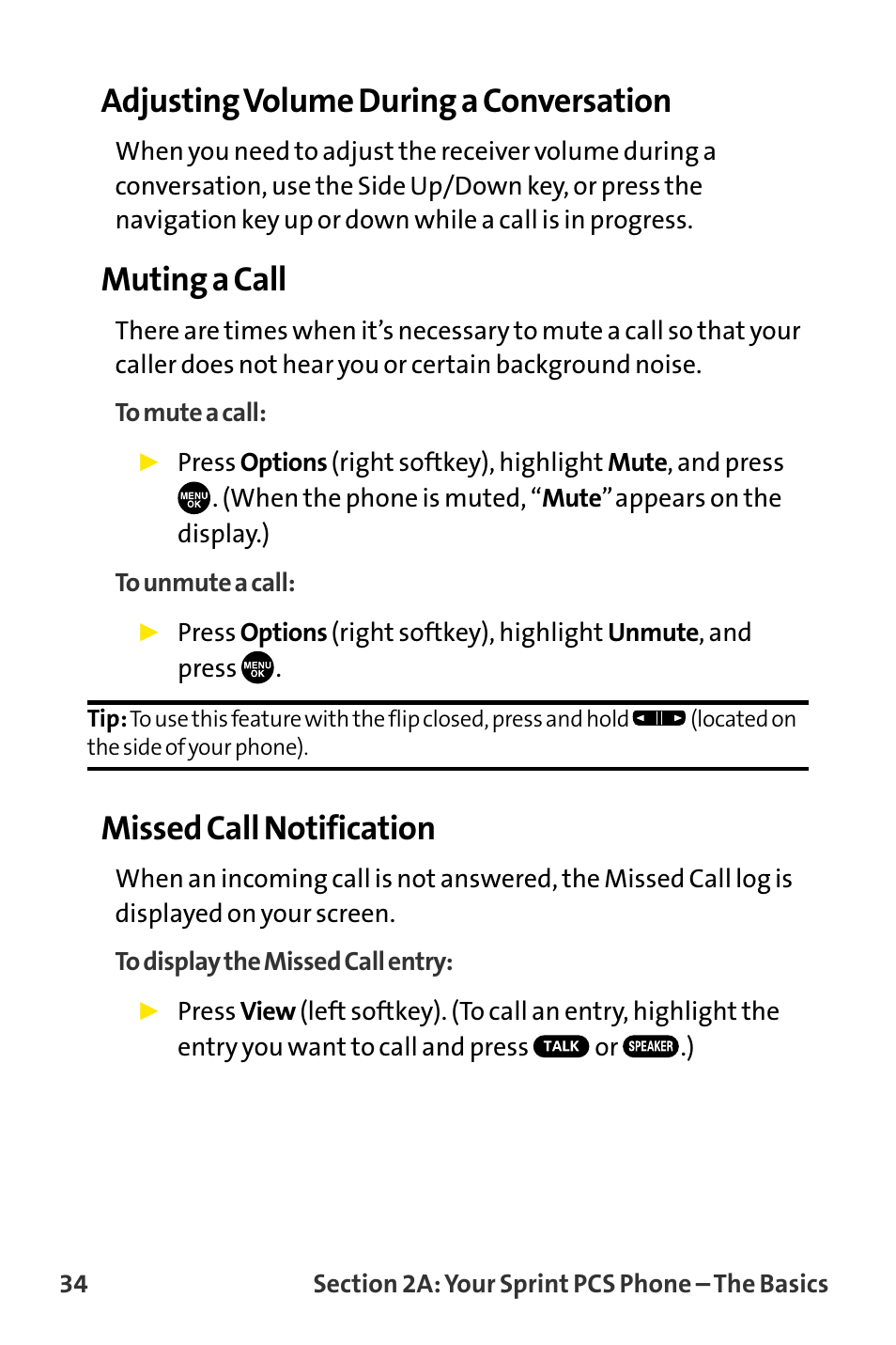 Adjusting volume during a conversation, Muting a call, Missed call notification | Sanyo VI-2300 User Manual | Page 46 / 286