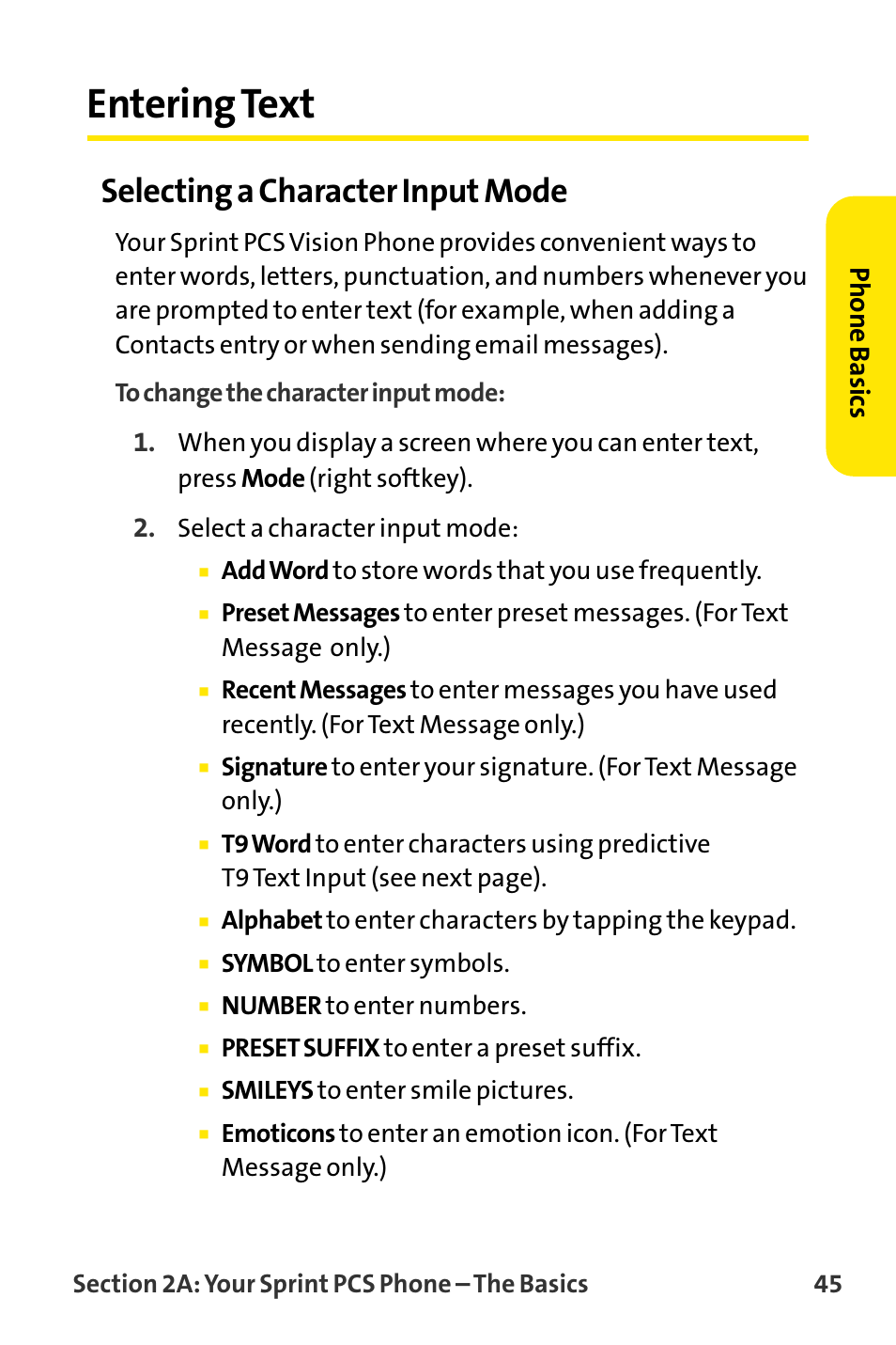 Entering text, Selecting a character input mode, Phone basics | Sanyo VI-2300 User Manual | Page 57 / 286