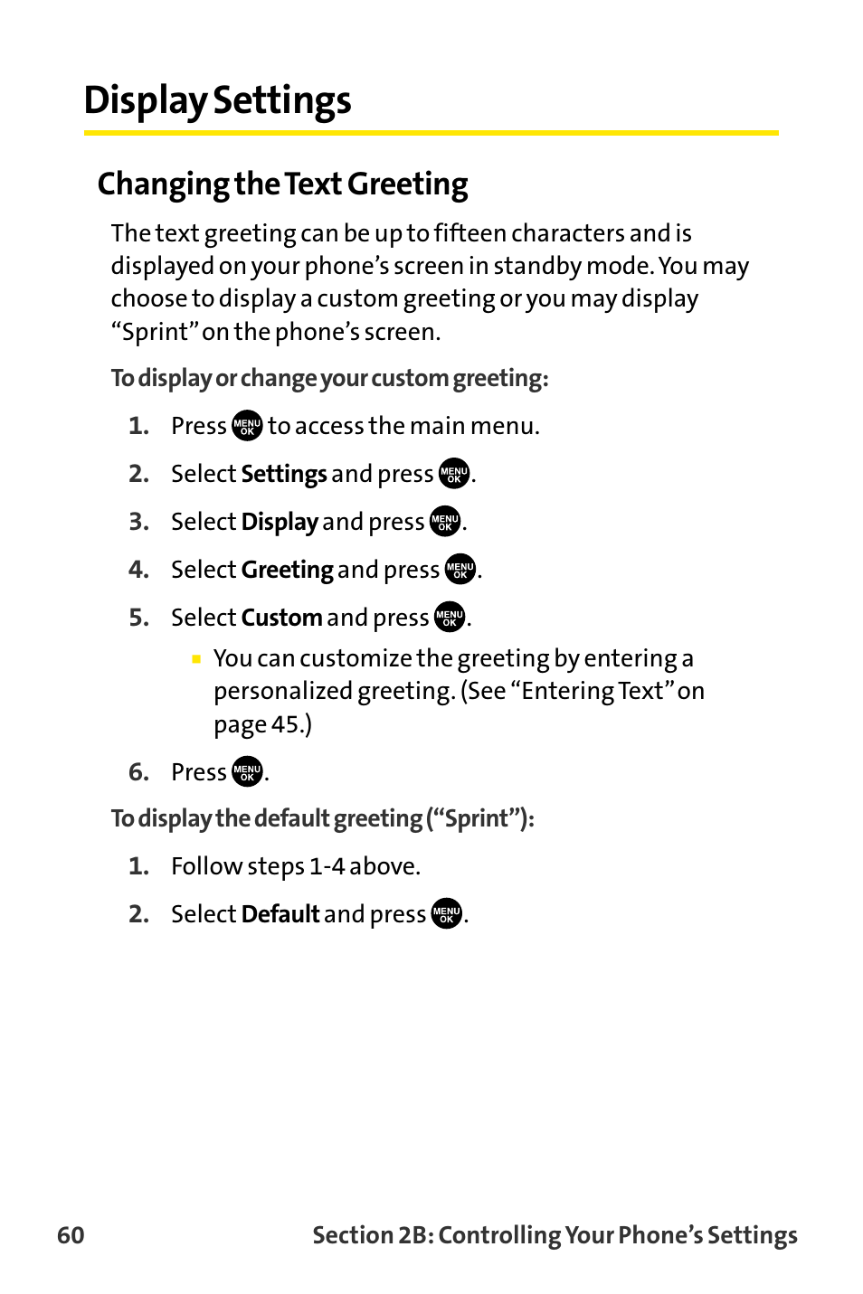 Display settings, Changing the text greeting | Sanyo VI-2300 User Manual | Page 72 / 286