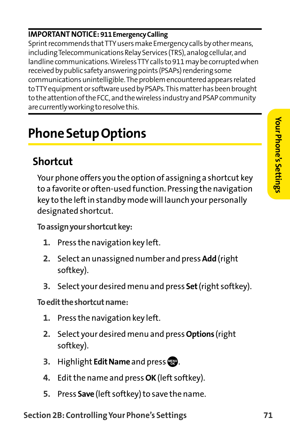 Phone setup options, Shortcut | Sanyo VI-2300 User Manual | Page 83 / 286