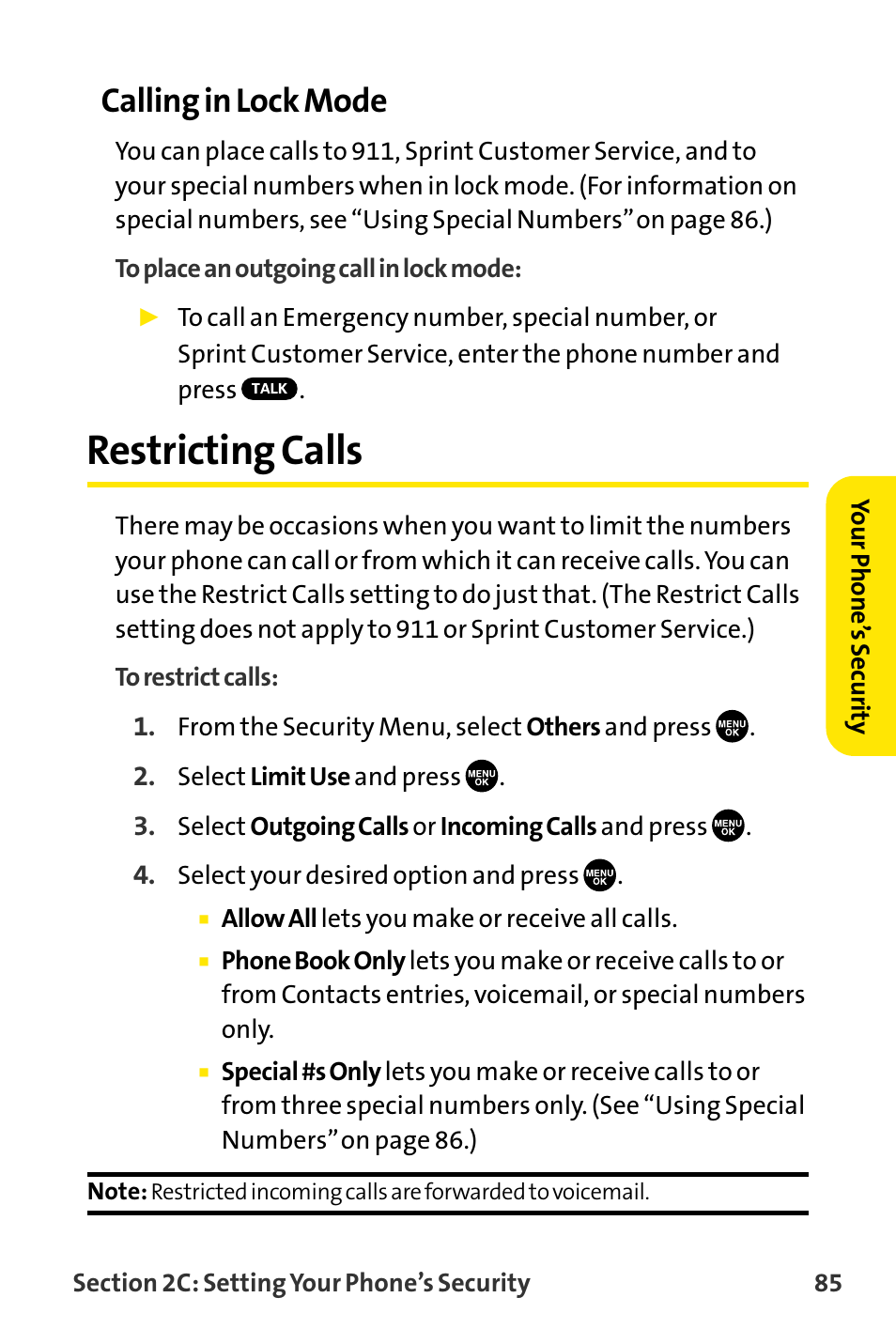Restricting calls, Calling in lock mode | Sanyo VI-2300 User Manual | Page 97 / 286