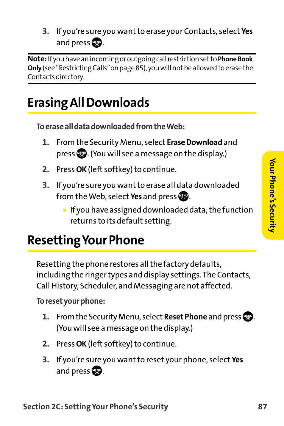 Erasing all downloads, Resetting your phone, Resettingyour phone | Sanyo VI-2300 User Manual | Page 99 / 286