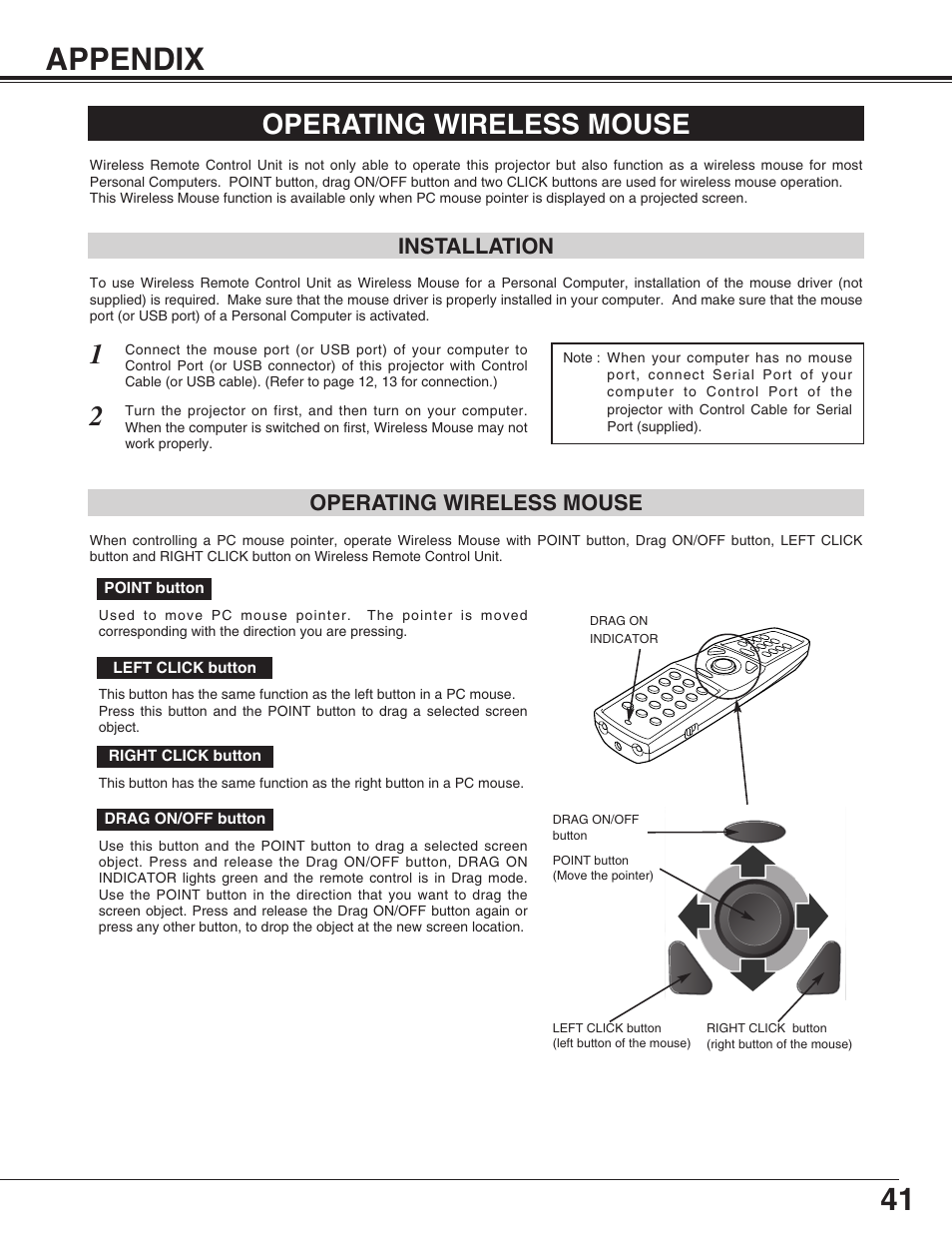 41 appendix, Operating wireless mouse, Installation | Sanyo PLC-XP55L User Manual | Page 41 / 56
