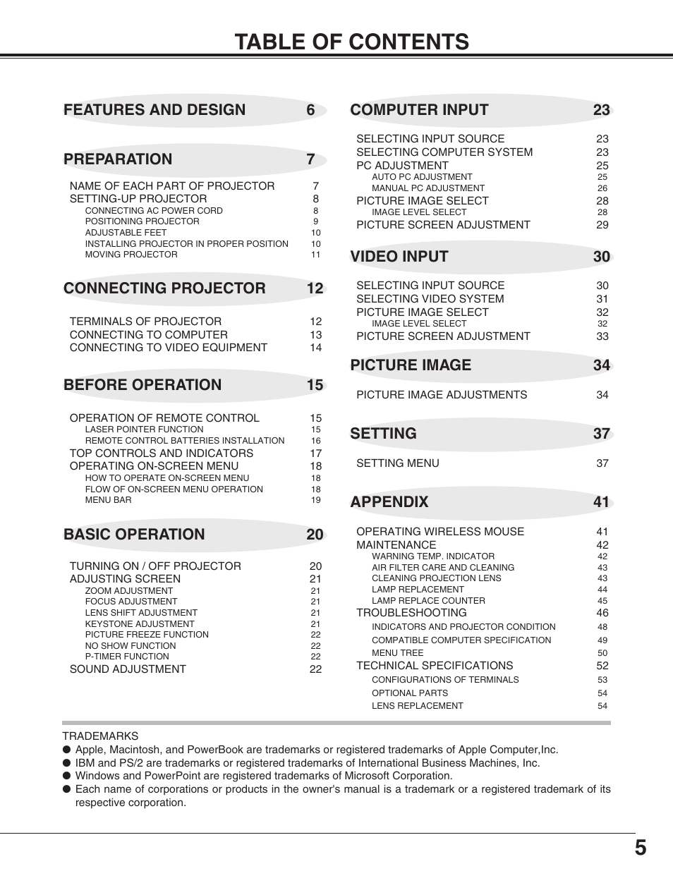 5table of contents, Connecting projector 12, Basic operation 20 | Picture image 34 | Sanyo PLC-XP55L User Manual | Page 5 / 56