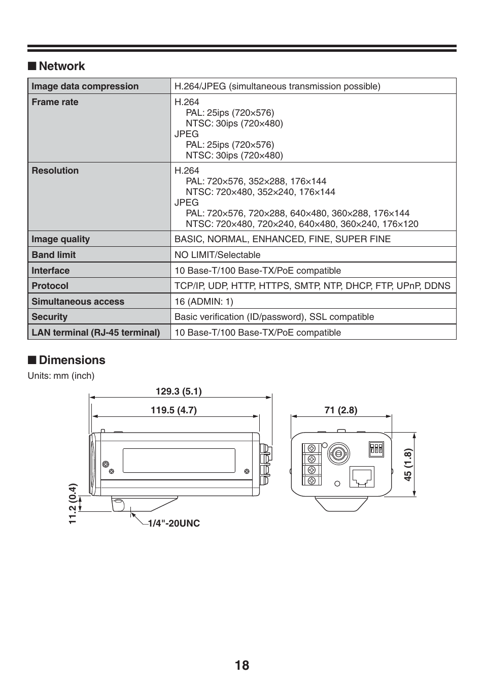 Network, Dimensions | Sanyo VCC-N4598PC User Manual | Page 19 / 20