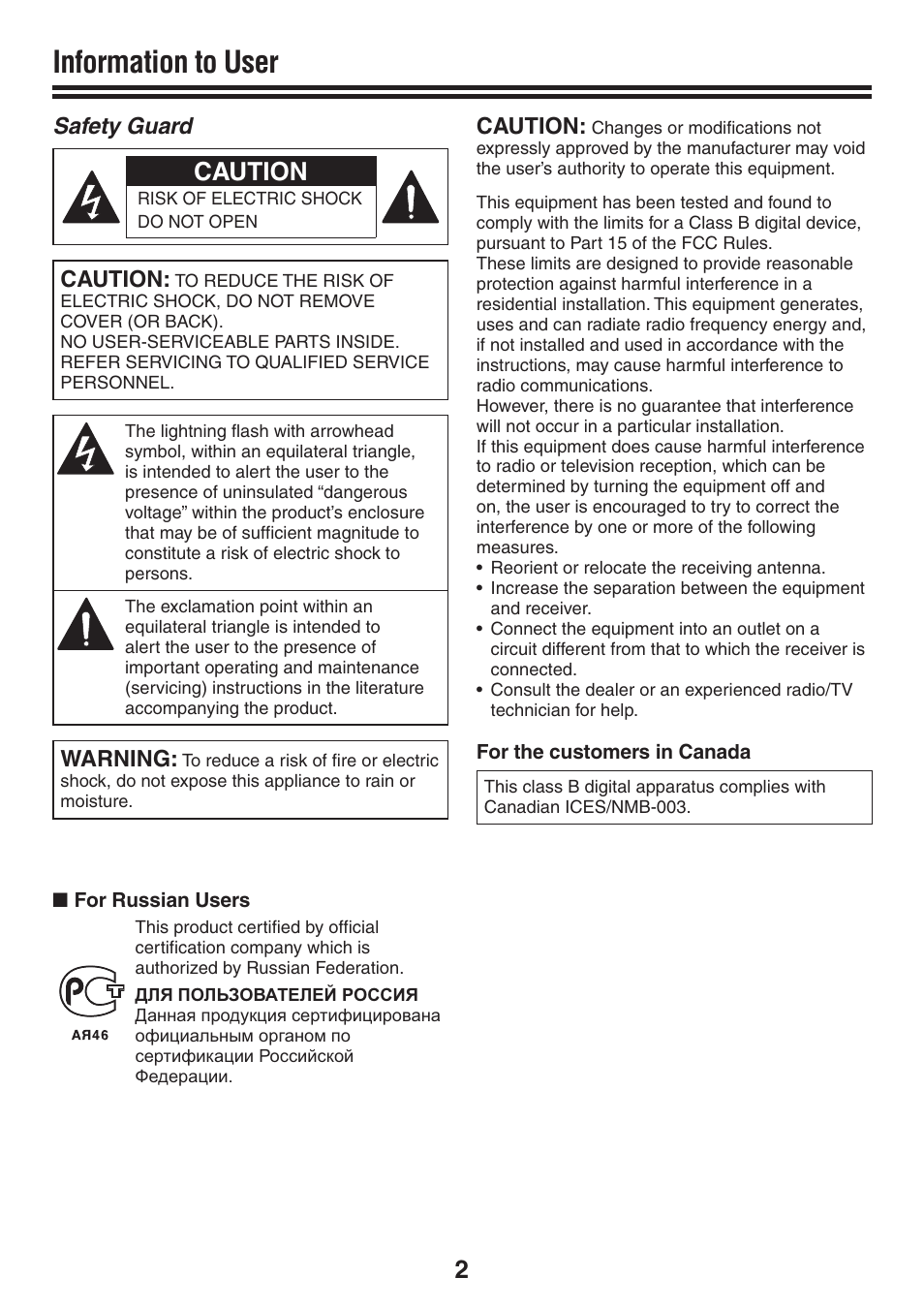 Information to user, Caution | Sanyo VCC-N4598PC User Manual | Page 3 / 20