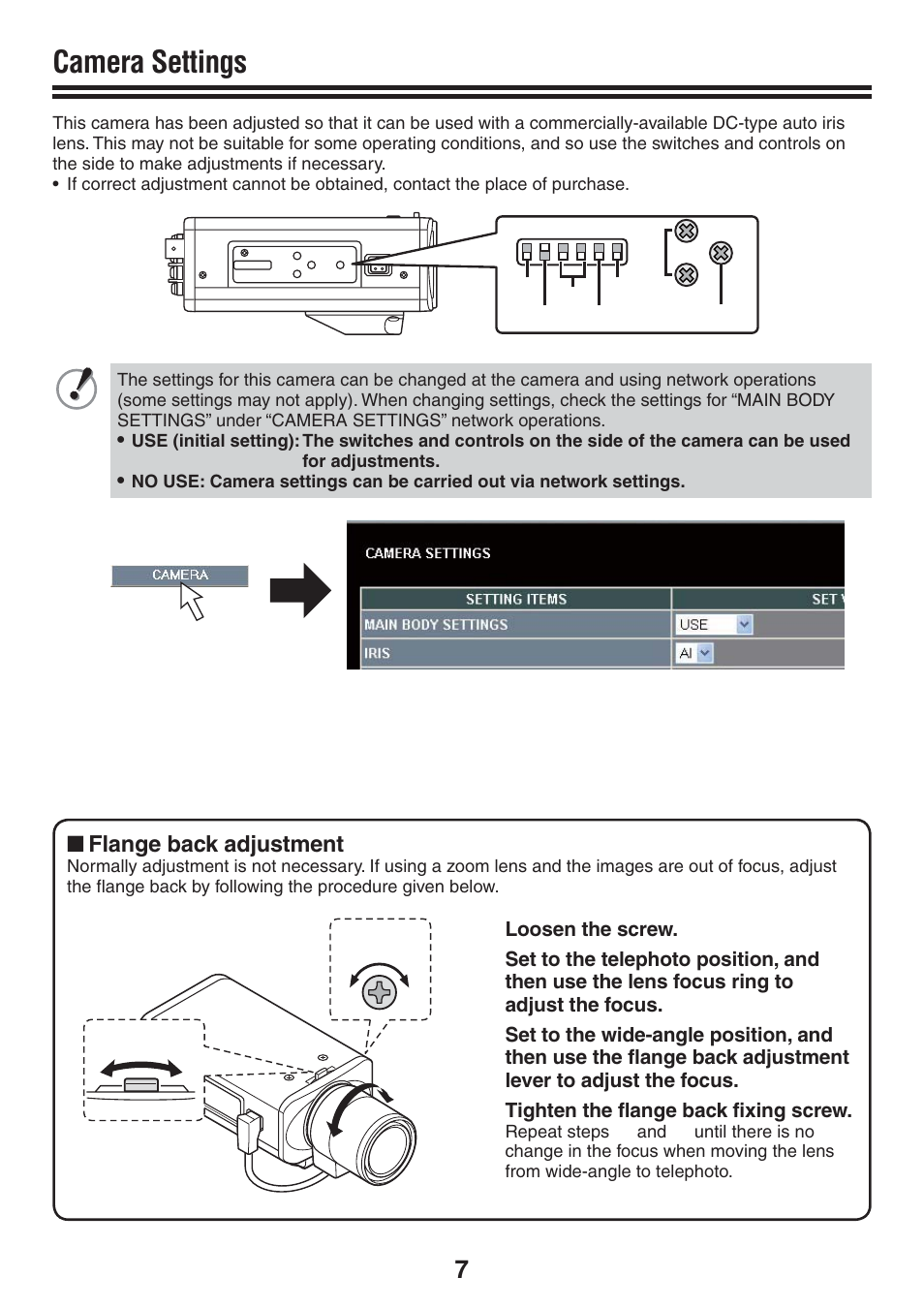 Camera settings | Sanyo VCC-N4598PC User Manual | Page 8 / 20