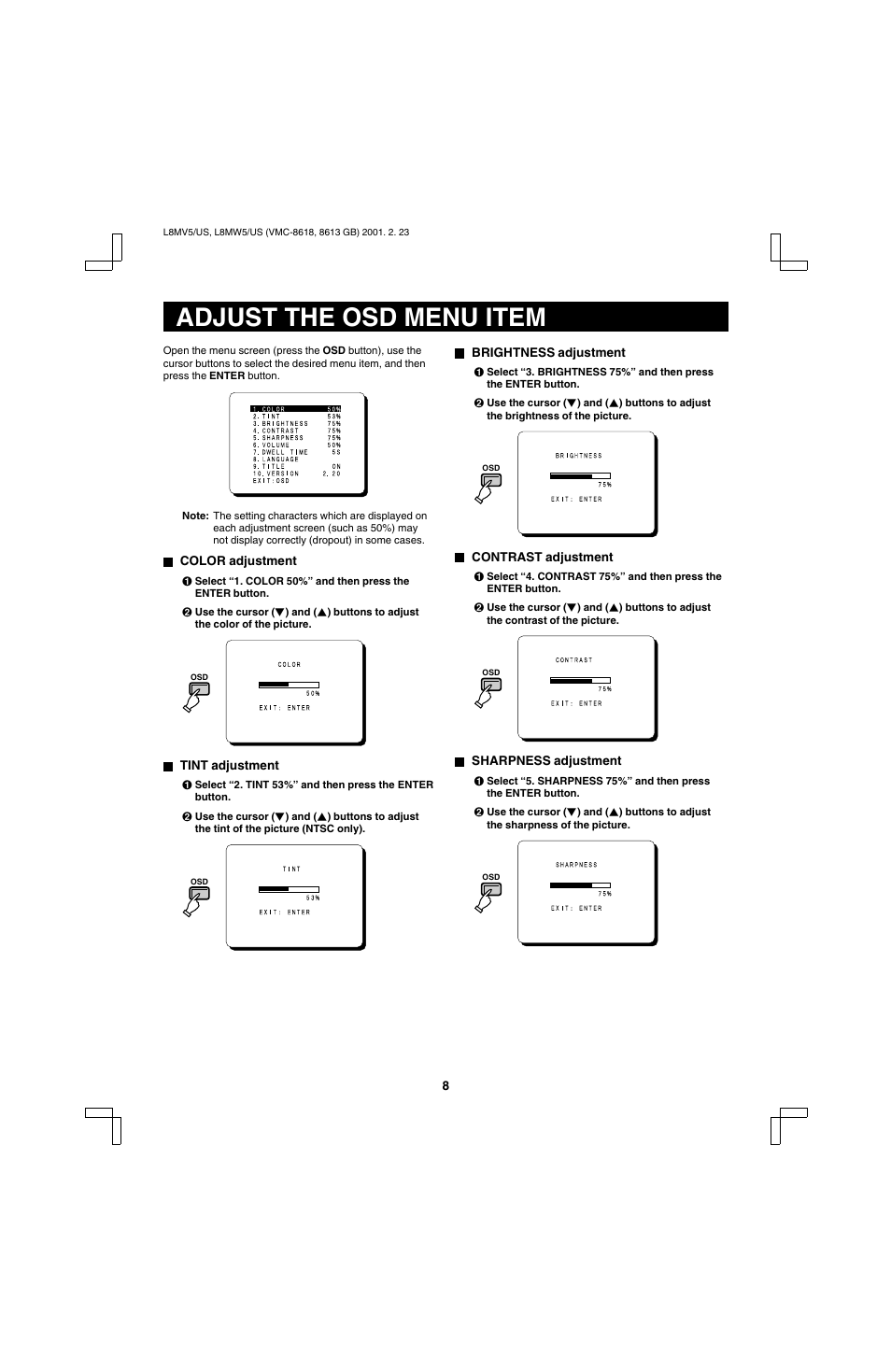 Adjust the osd menu item | Sanyo VMC-8613 User Manual | Page 10 / 16