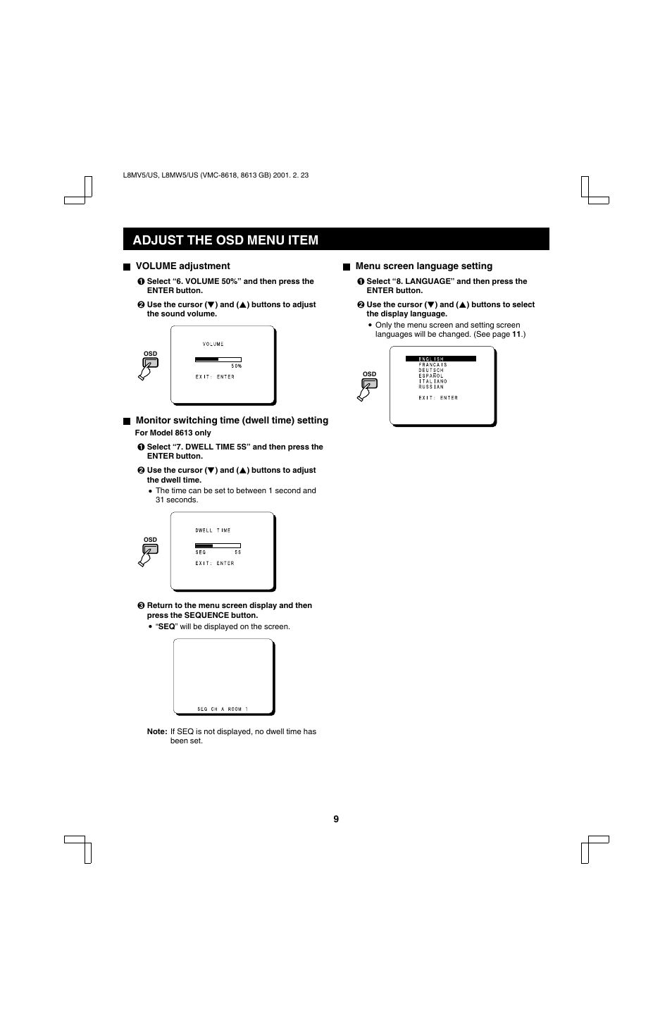 Adjust the osd menu item | Sanyo VMC-8613 User Manual | Page 11 / 16
