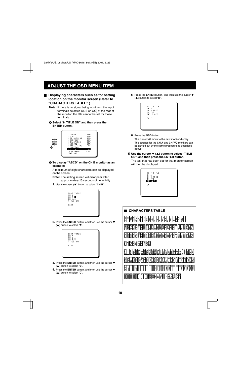 Adjust the osd menu item | Sanyo VMC-8613 User Manual | Page 12 / 16