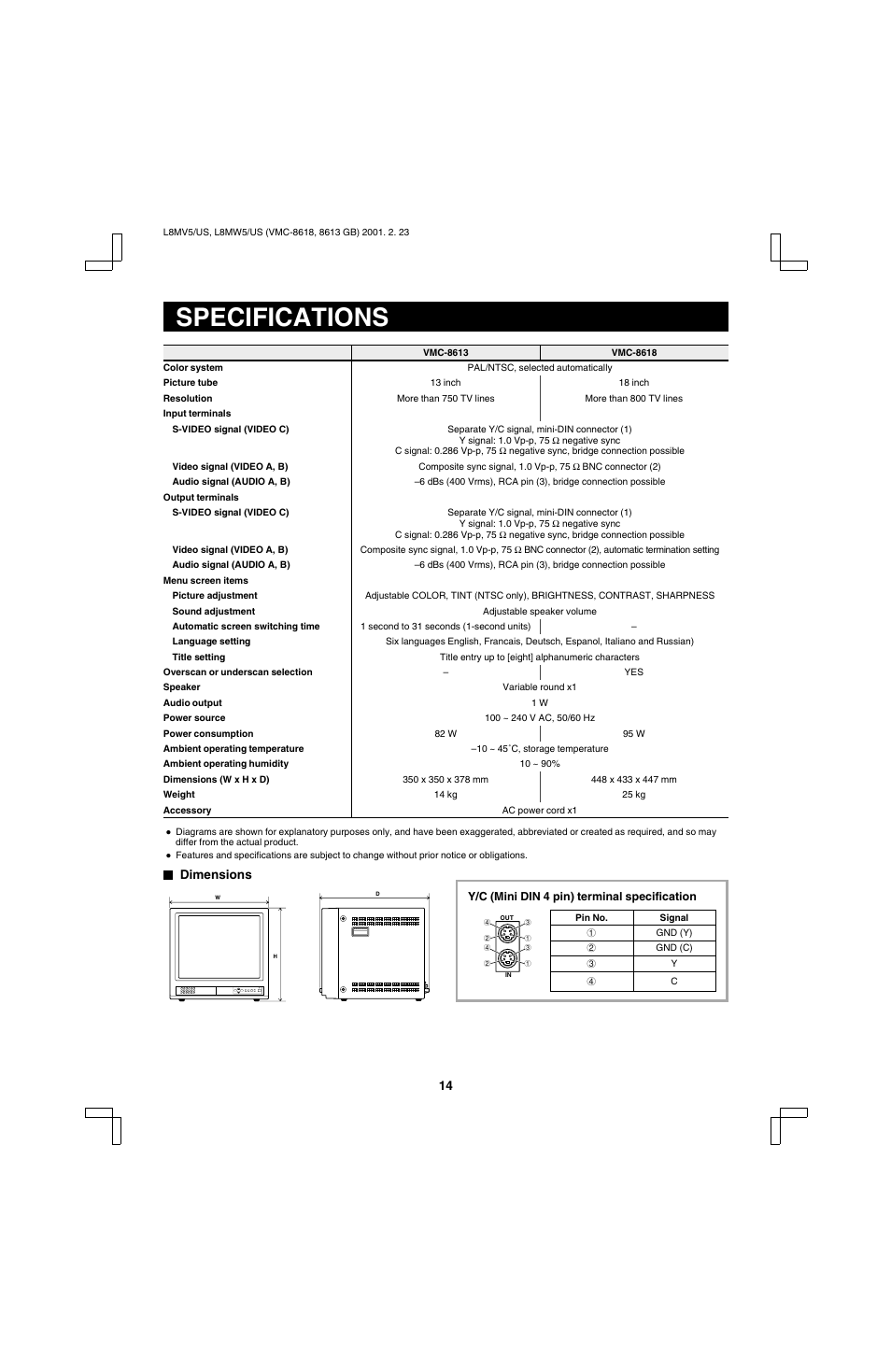 Specifications | Sanyo VMC-8613 User Manual | Page 16 / 16