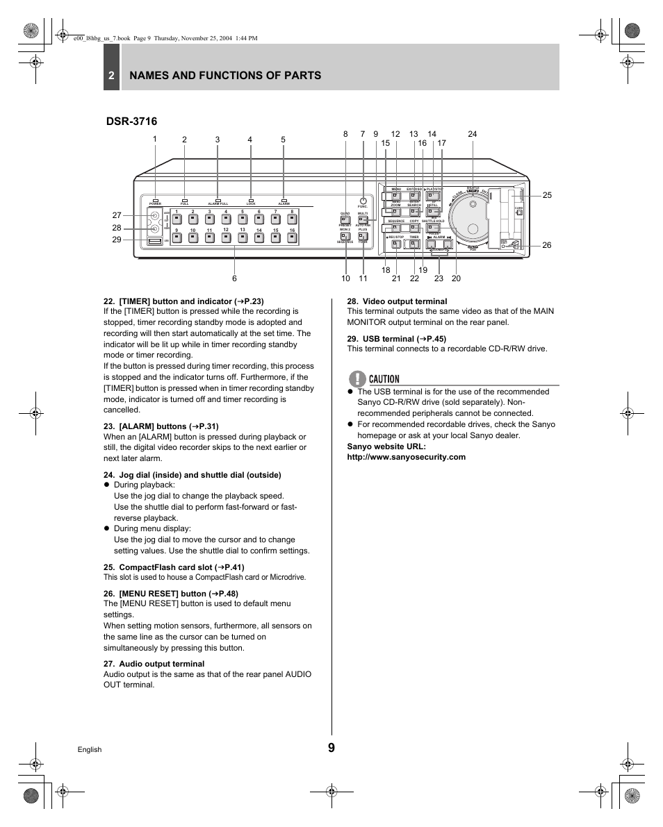 Names and functions of parts 2, Dsr-3716 | Sanyo DSR-3709 User Manual | Page 10 / 126