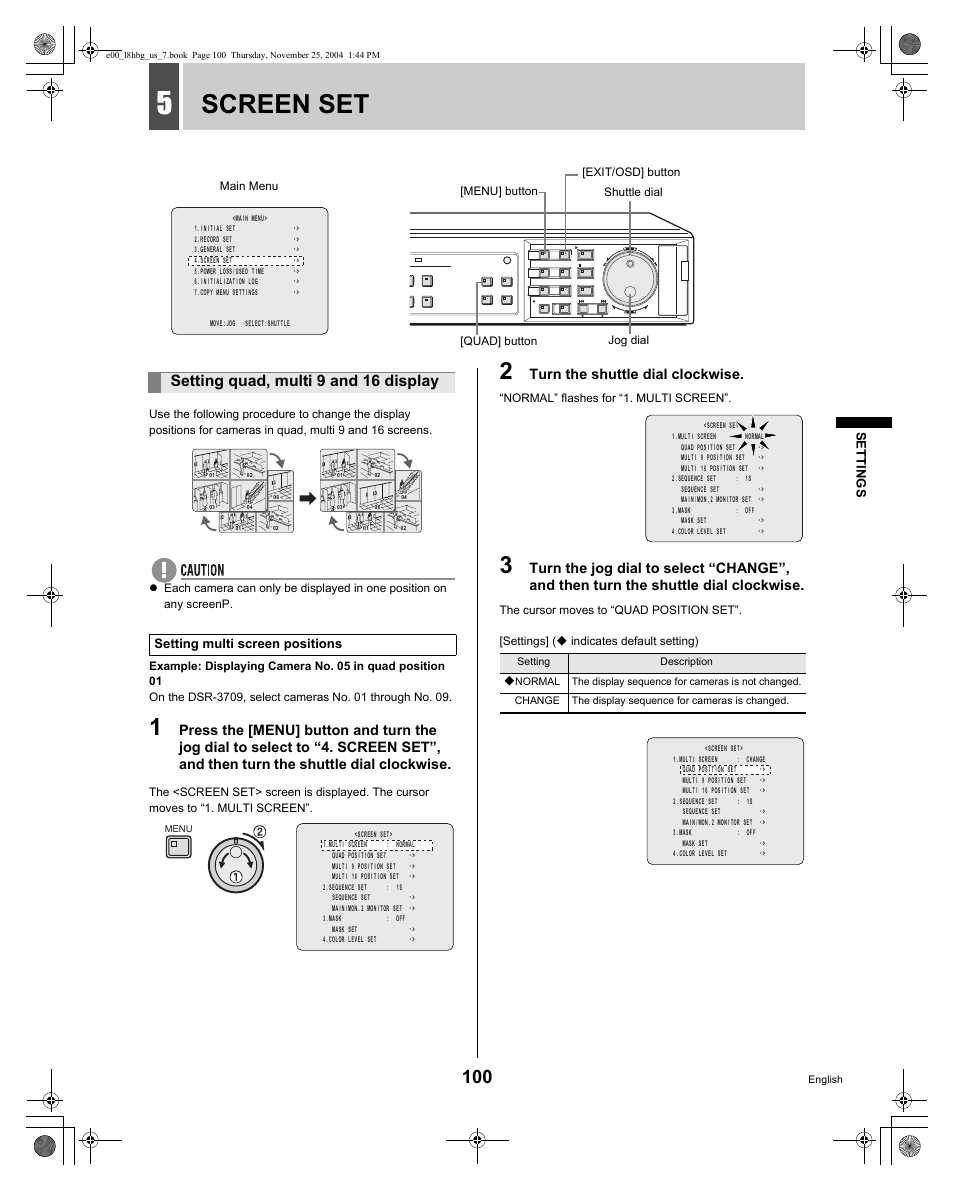 Screen set, Setting quad, multi 9 and 16 display, Turn the shuttle dial clockwise | Sanyo DSR-3709 User Manual | Page 101 / 126