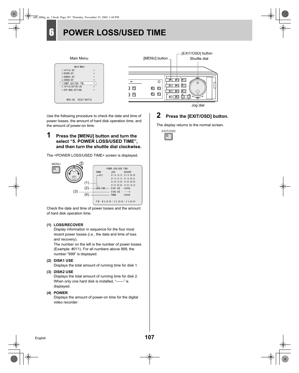Power loss/used time | Sanyo DSR-3709 User Manual | Page 108 / 126