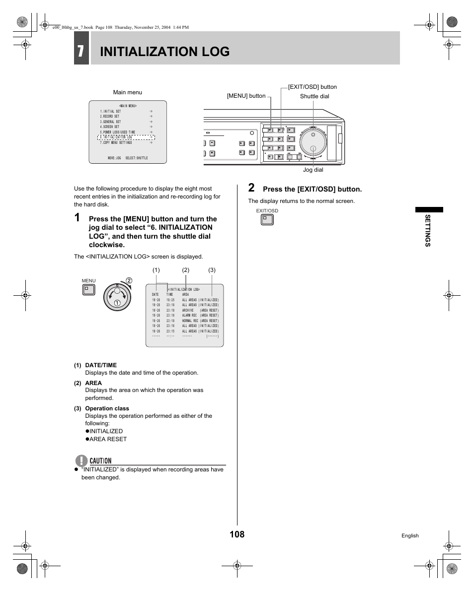 Initialization log | Sanyo DSR-3709 User Manual | Page 109 / 126