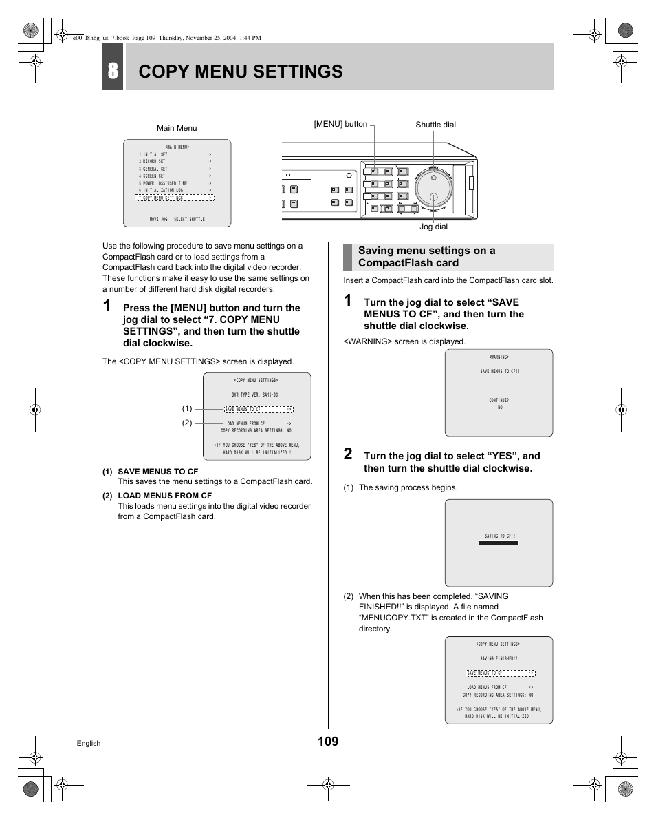 Copy menu settings, Saving menu settings on a compactflash card | Sanyo DSR-3709 User Manual | Page 110 / 126