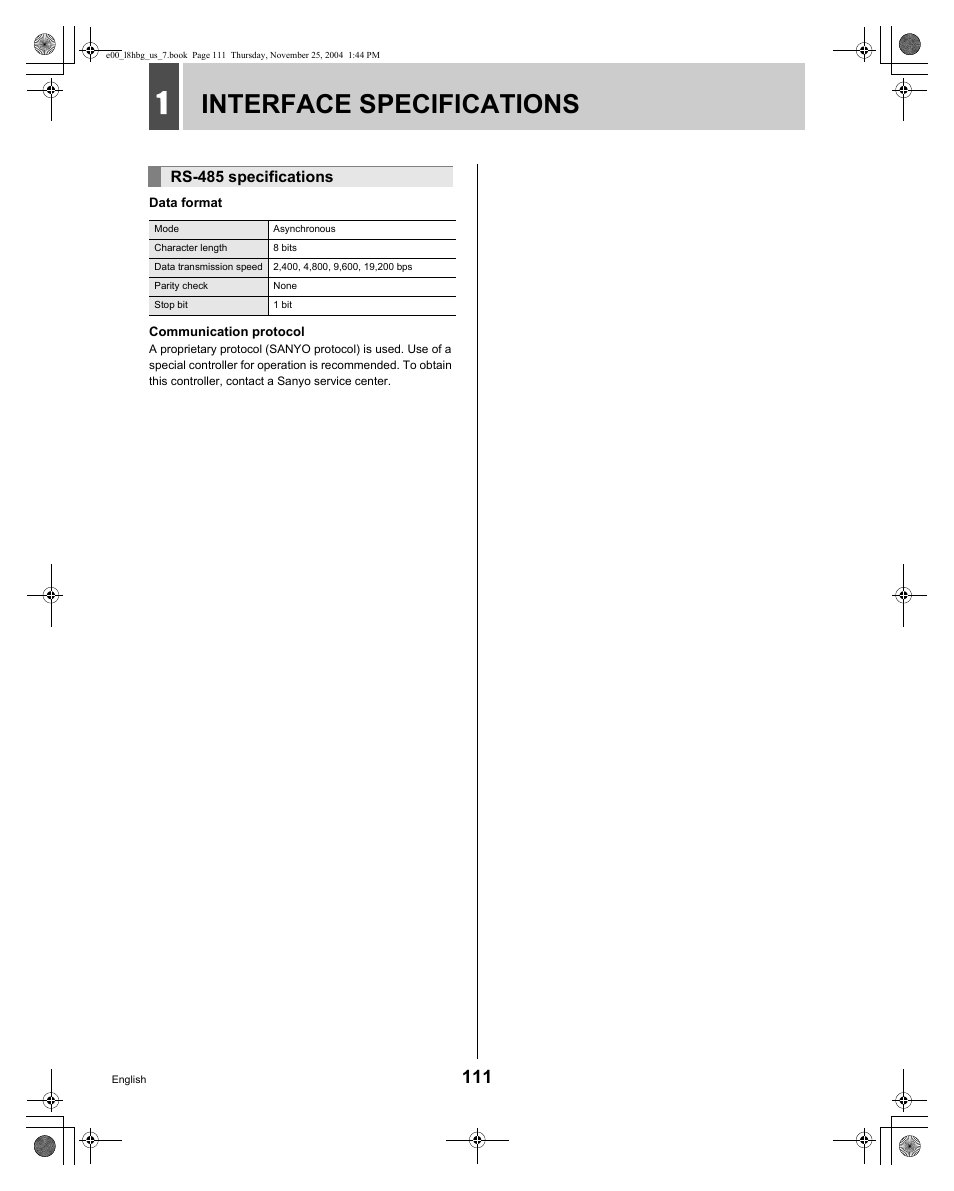Interface specifications | Sanyo DSR-3709 User Manual | Page 112 / 126