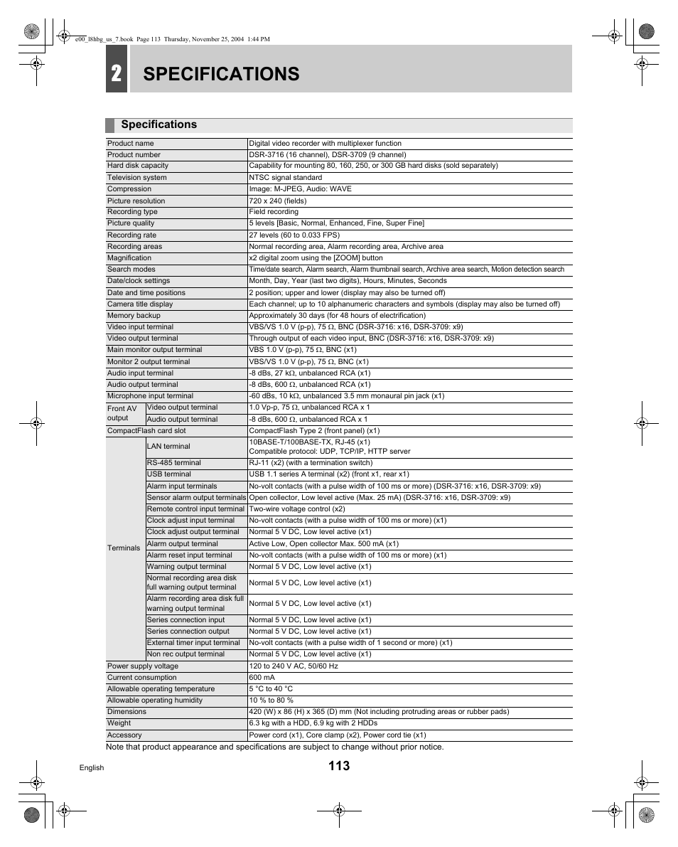 Specifications | Sanyo DSR-3709 User Manual | Page 114 / 126