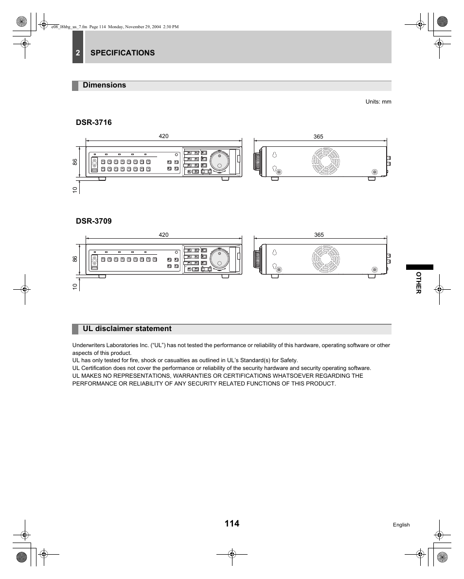 Specifications 2, Dimensions, Ul disclaimer statement | Eject | Sanyo DSR-3709 User Manual | Page 115 / 126