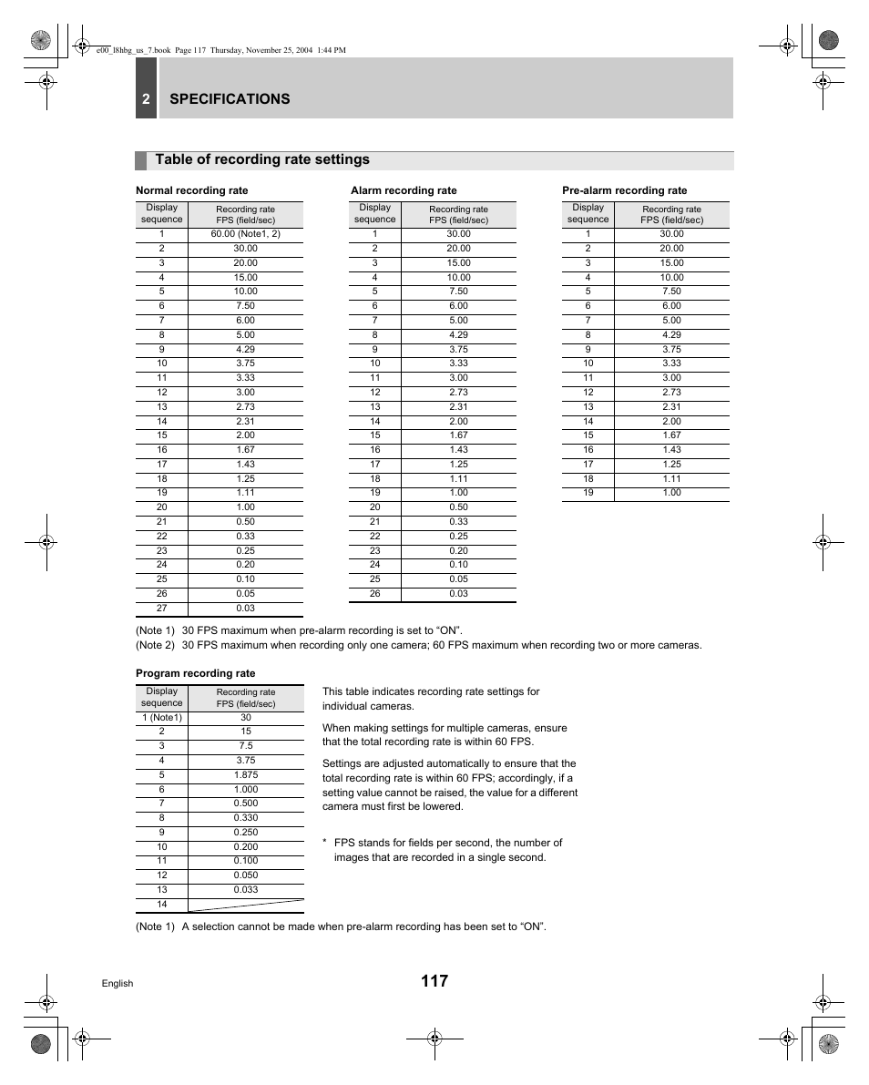 Specifications 2, Table of recording rate settings | Sanyo DSR-3709 User Manual | Page 118 / 126