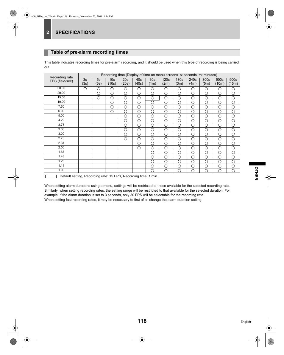 Specifications 2, Table of pre-alarm recording times | Sanyo DSR-3709 User Manual | Page 119 / 126