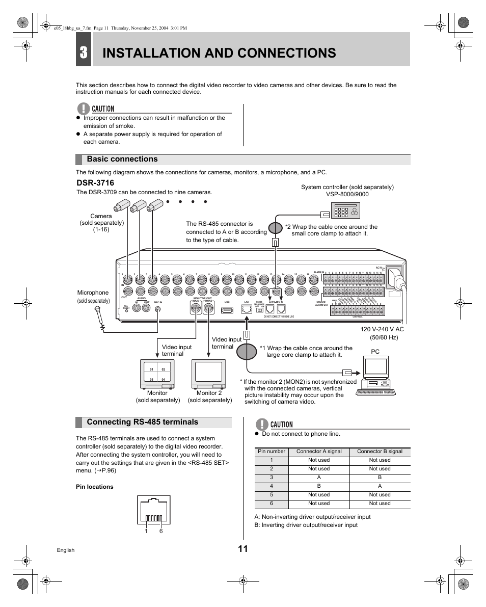 Installation and connections, Basic connections, Dsr-3716 | Connecting rs-485 terminals | Sanyo DSR-3709 User Manual | Page 12 / 126