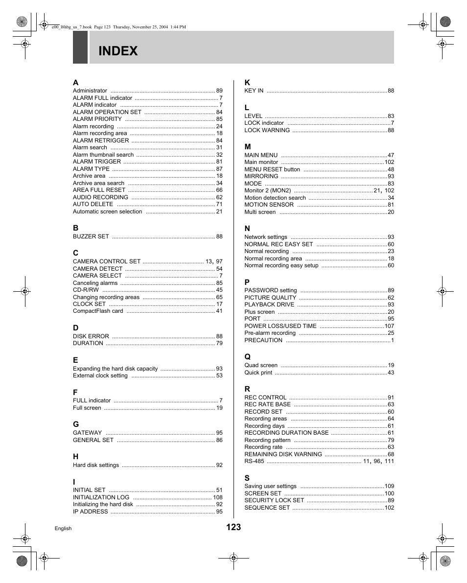 Index | Sanyo DSR-3709 User Manual | Page 124 / 126