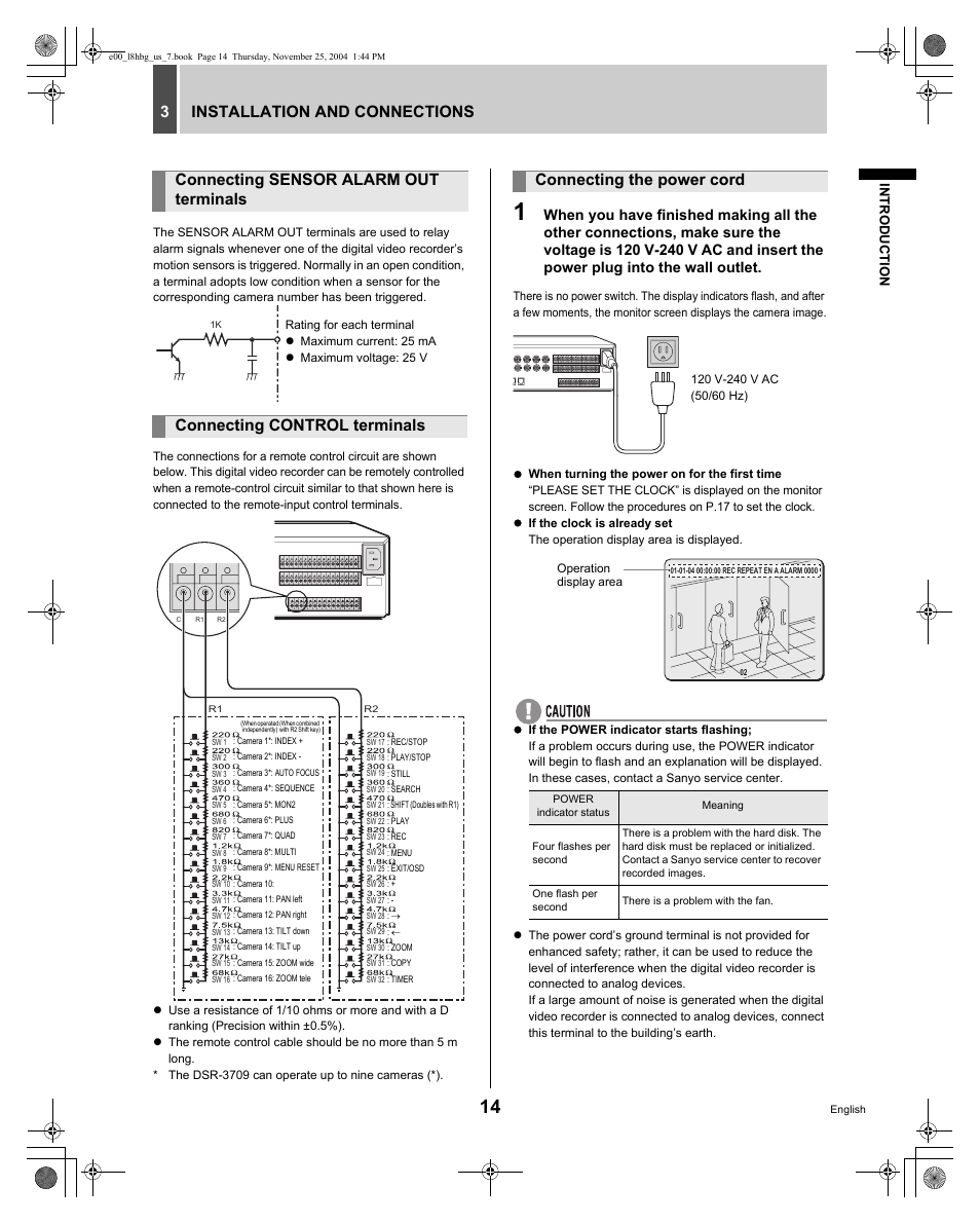 Installation and connections 3, Connecting the power cord | Sanyo DSR-3709 User Manual | Page 15 / 126