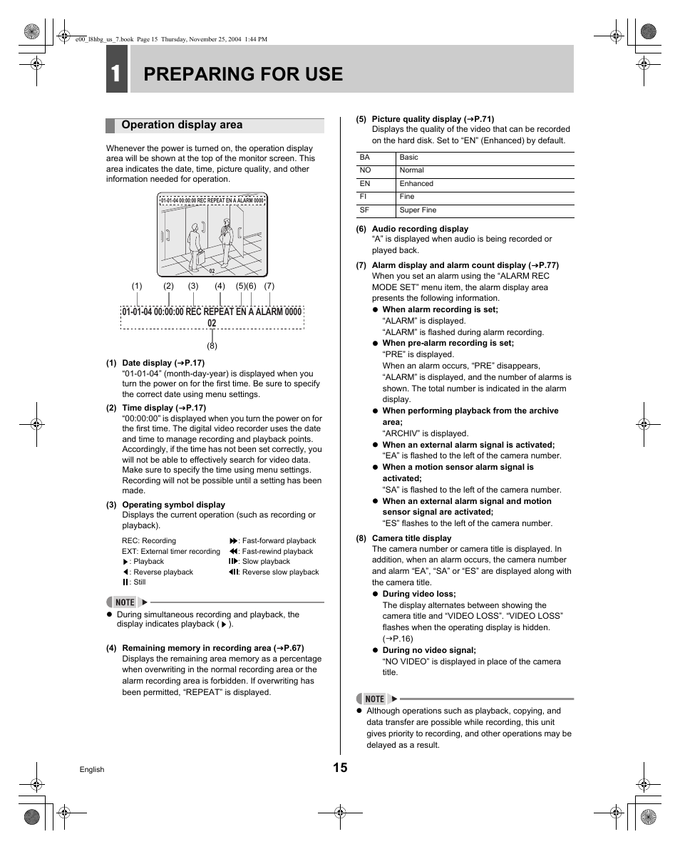 Preparing for use, Operation display area | Sanyo DSR-3709 User Manual | Page 16 / 126