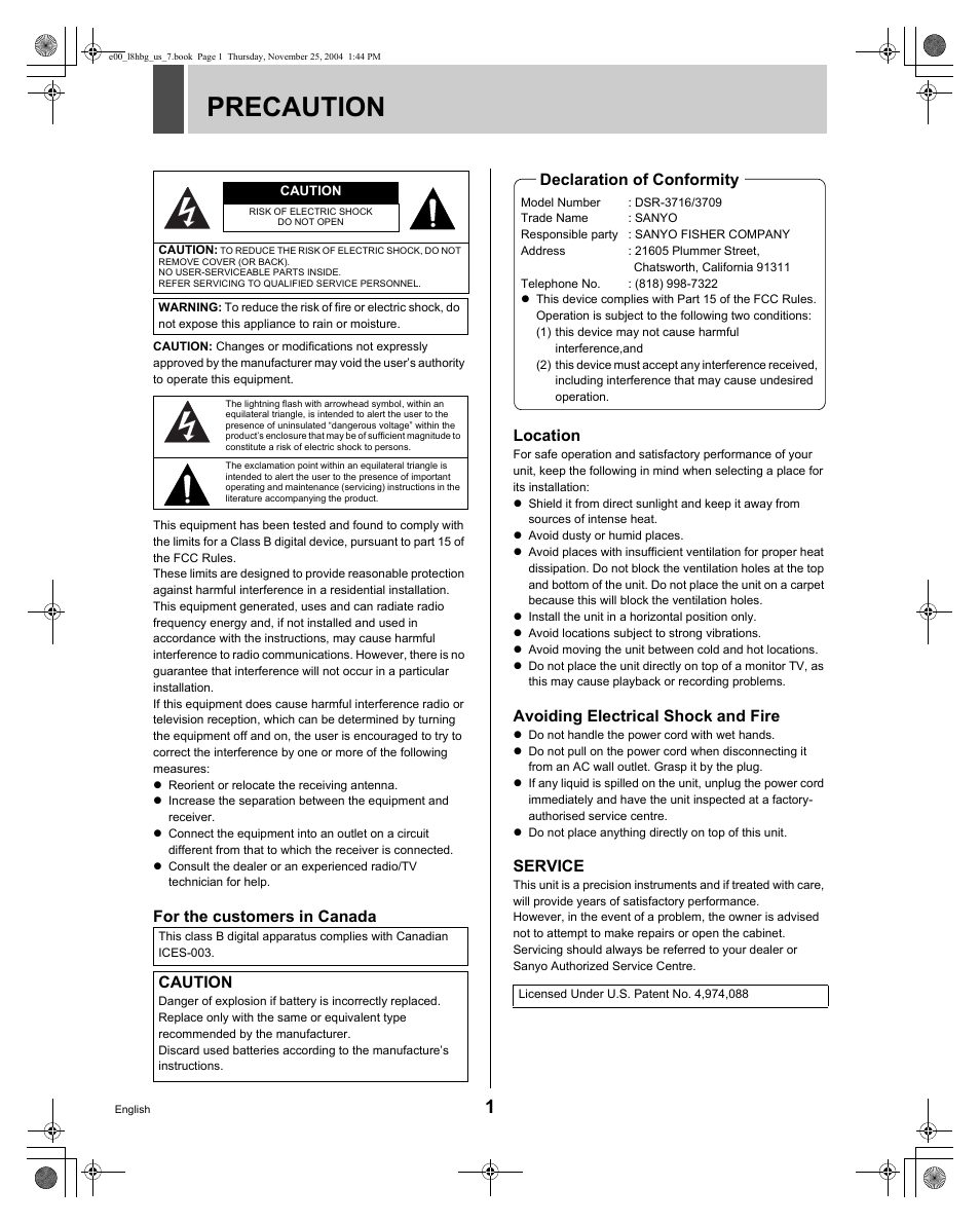 Precaution, For the customers in canada location, Avoiding electrical shock and fire | Service, Caution, Declaration of conformity | Sanyo DSR-3709 User Manual | Page 2 / 126