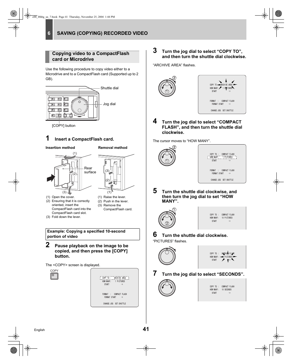 Saving (copying) recorded video 6, Copying video to a compactflash card or microdrive | Sanyo DSR-3709 User Manual | Page 42 / 126