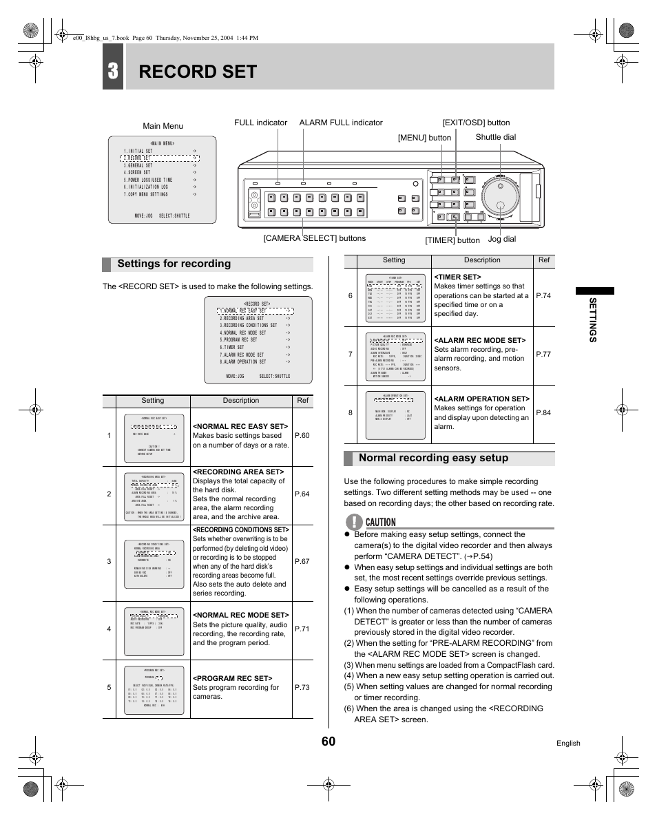 Record set, Settings for recording, Normal recording easy setup | Se ttin gs | Sanyo DSR-3709 User Manual | Page 61 / 126