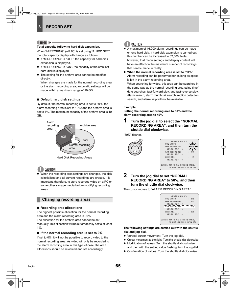Record set 3, Changing recording areas | Sanyo DSR-3709 User Manual | Page 66 / 126