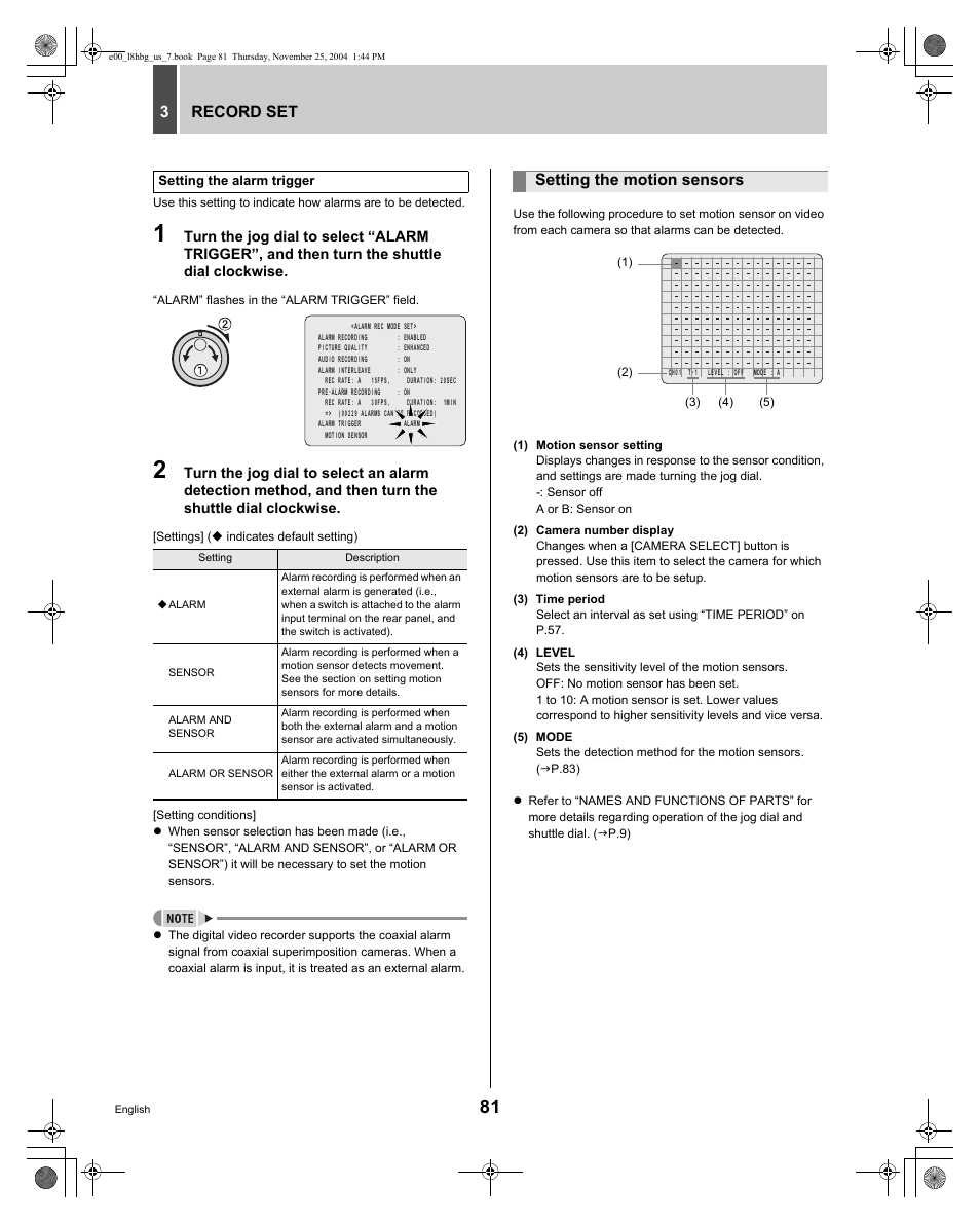 Record set 3, Setting the motion sensors | Sanyo DSR-3709 User Manual | Page 82 / 126