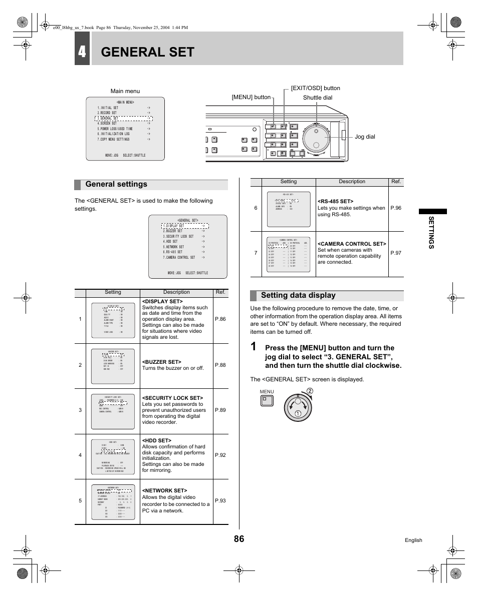 General set, General settings, Setting data display | Se ttin gs | Sanyo DSR-3709 User Manual | Page 87 / 126