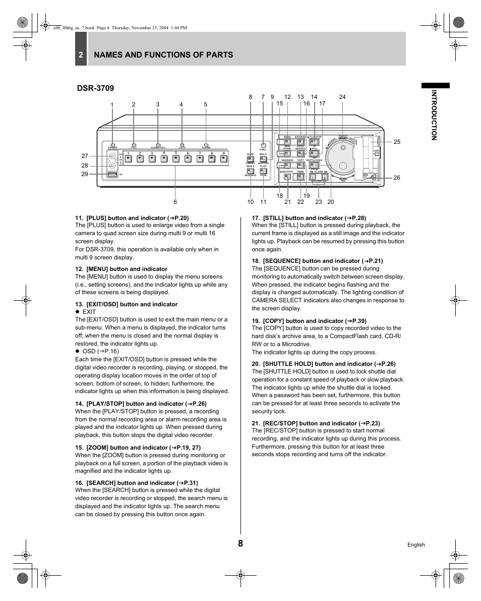 Names and functions of parts 2, Dsr-3709, Intro duc ti on | Sanyo DSR-3709 User Manual | Page 9 / 126