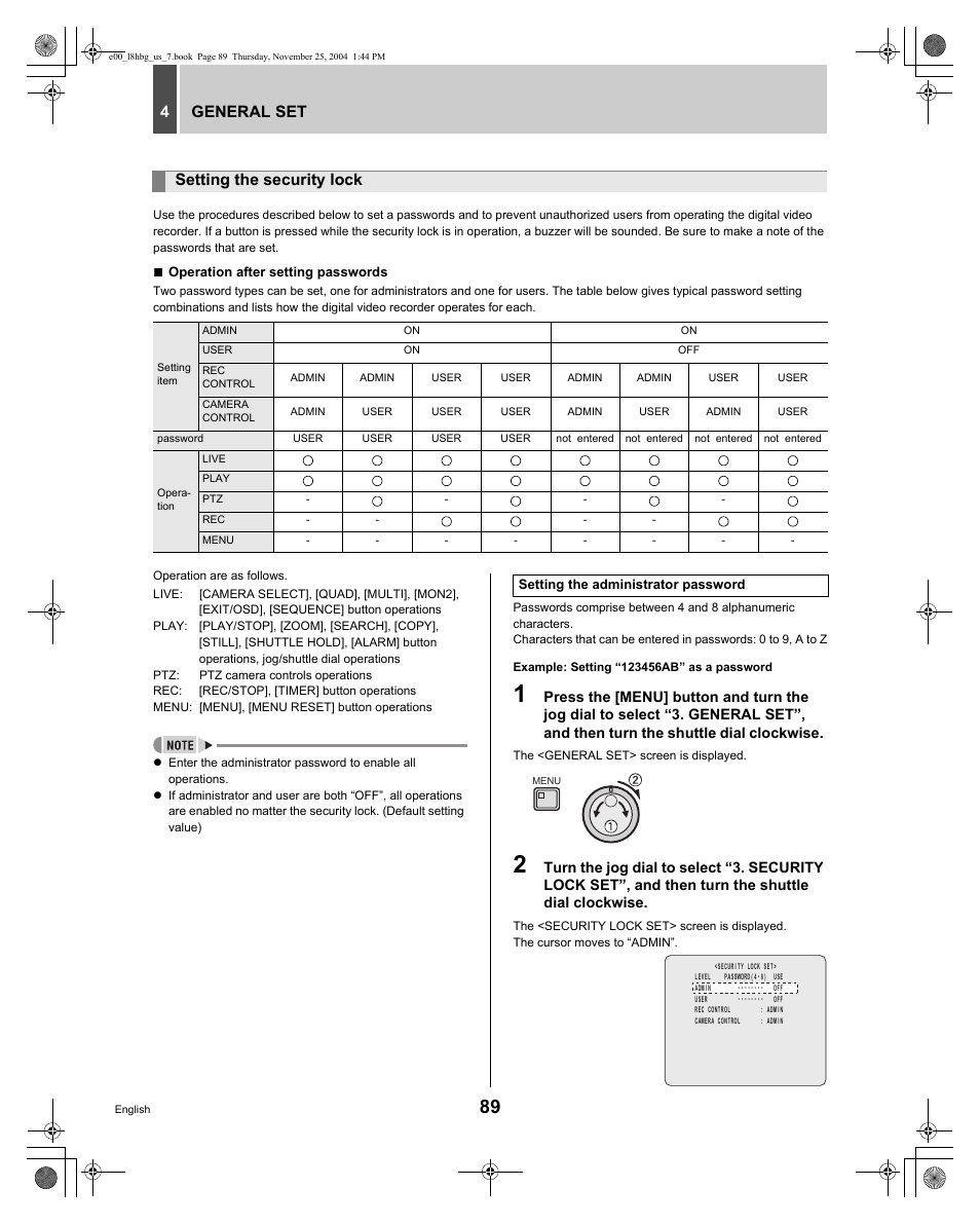 General set 4, Setting the security lock | Sanyo DSR-3709 User Manual | Page 90 / 126