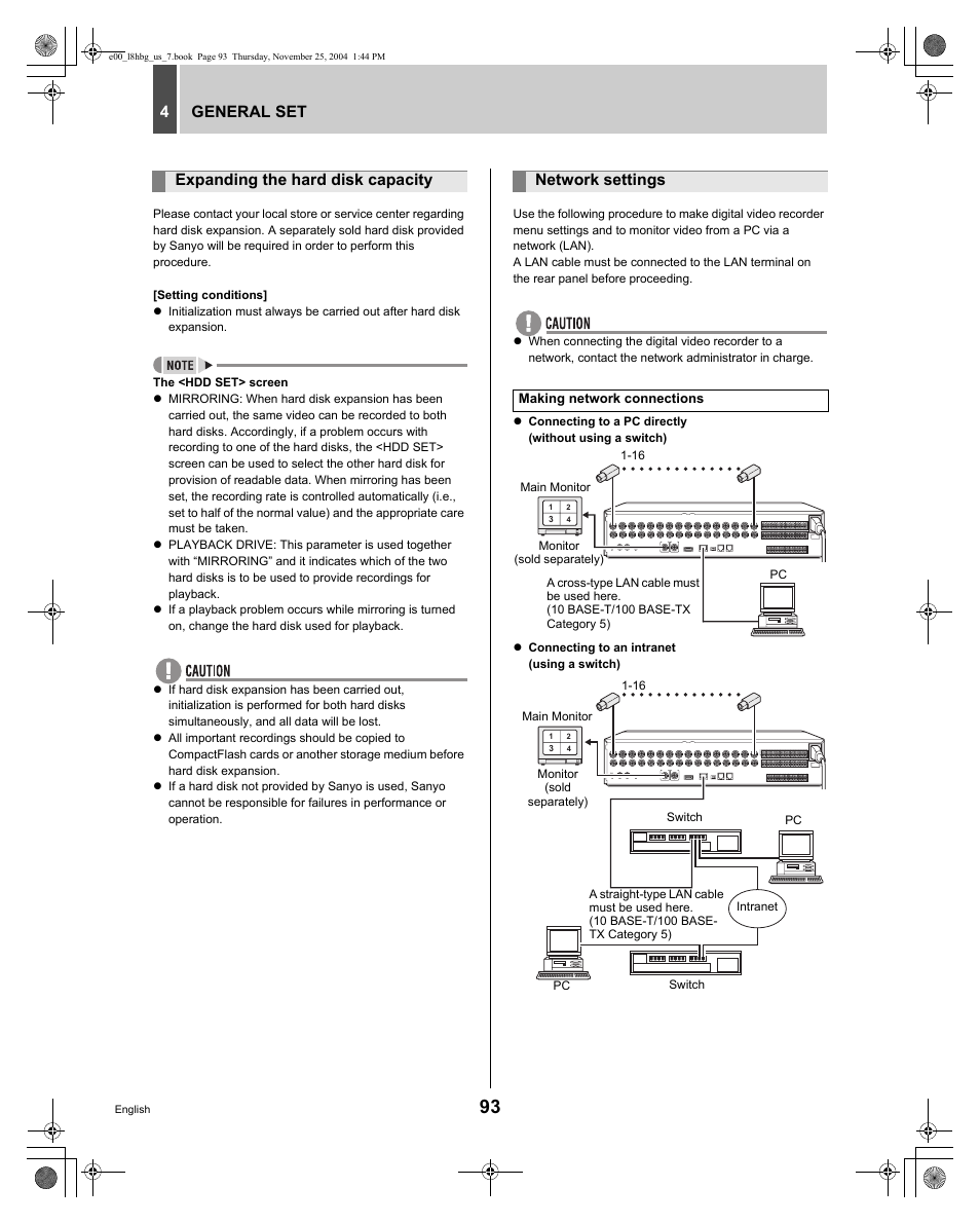 General set 4, Expanding the hard disk capacity network settings | Sanyo DSR-3709 User Manual | Page 94 / 126