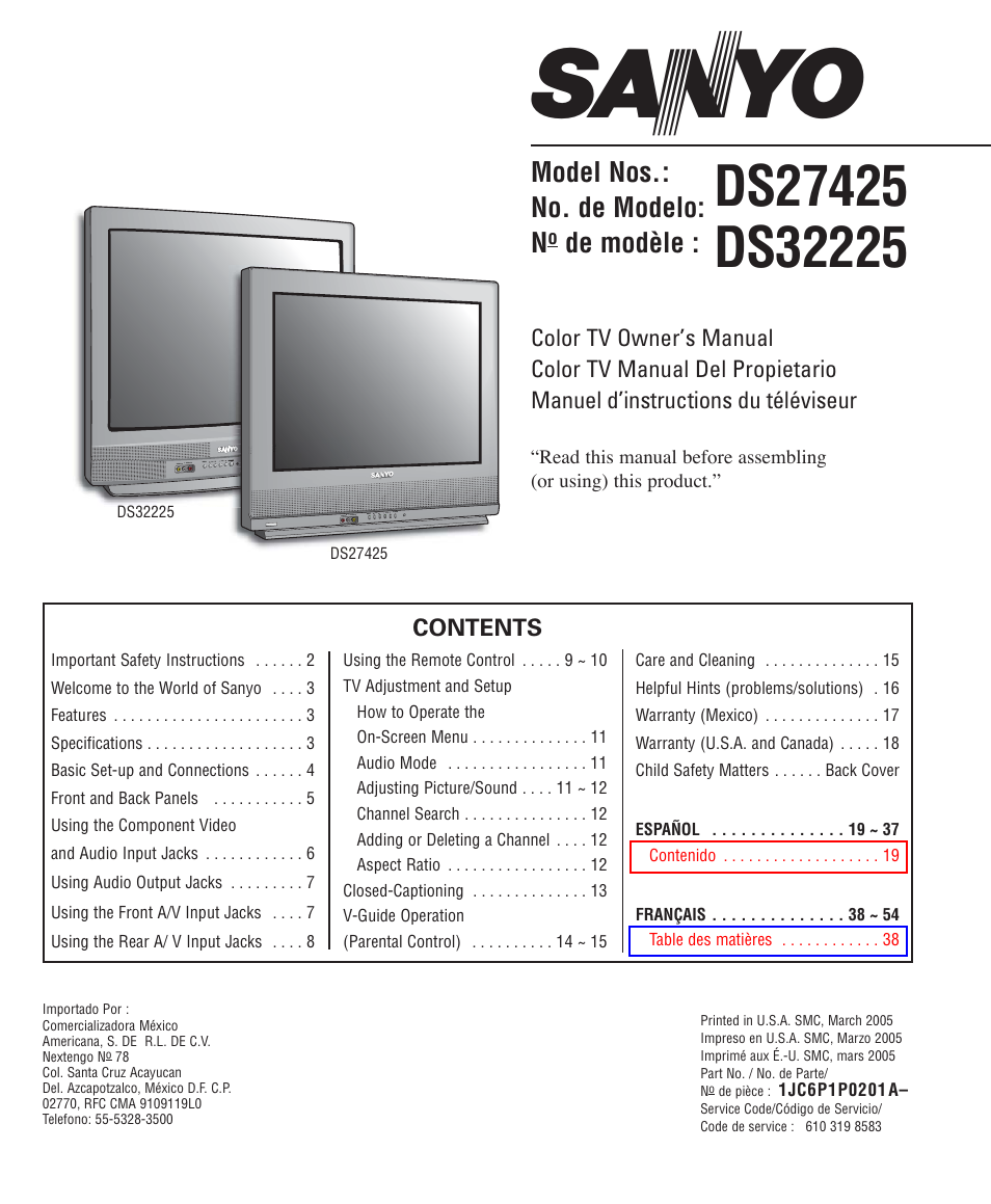 Sanyo DS27425 User Manual | 18 pages