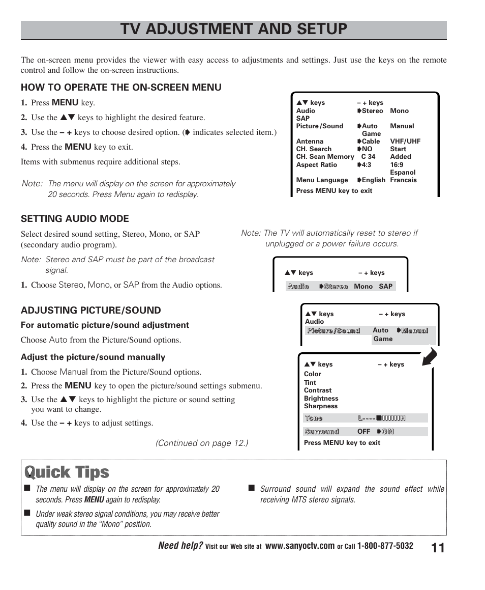 Tv adjustment and setup, Need help, Setting audio mode | Adjusting picture/sound, How to operate the on-screen menu | Sanyo DS27425 User Manual | Page 11 / 18