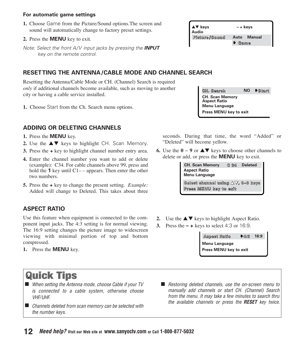 Need help, Adding or deleting channels, Aspect ratio | Sanyo DS27425 User Manual | Page 12 / 18