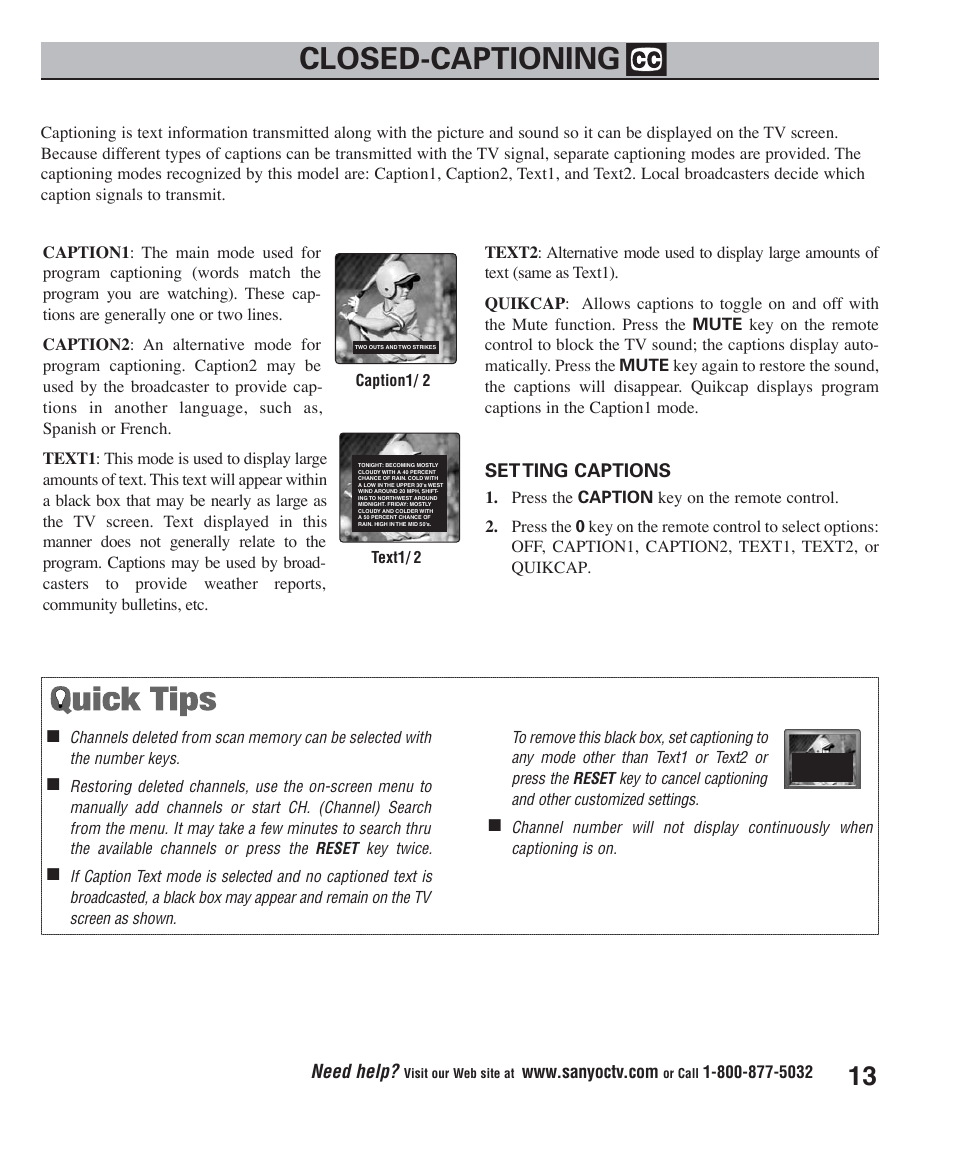 Closed-captioning | Sanyo DS27425 User Manual | Page 13 / 18
