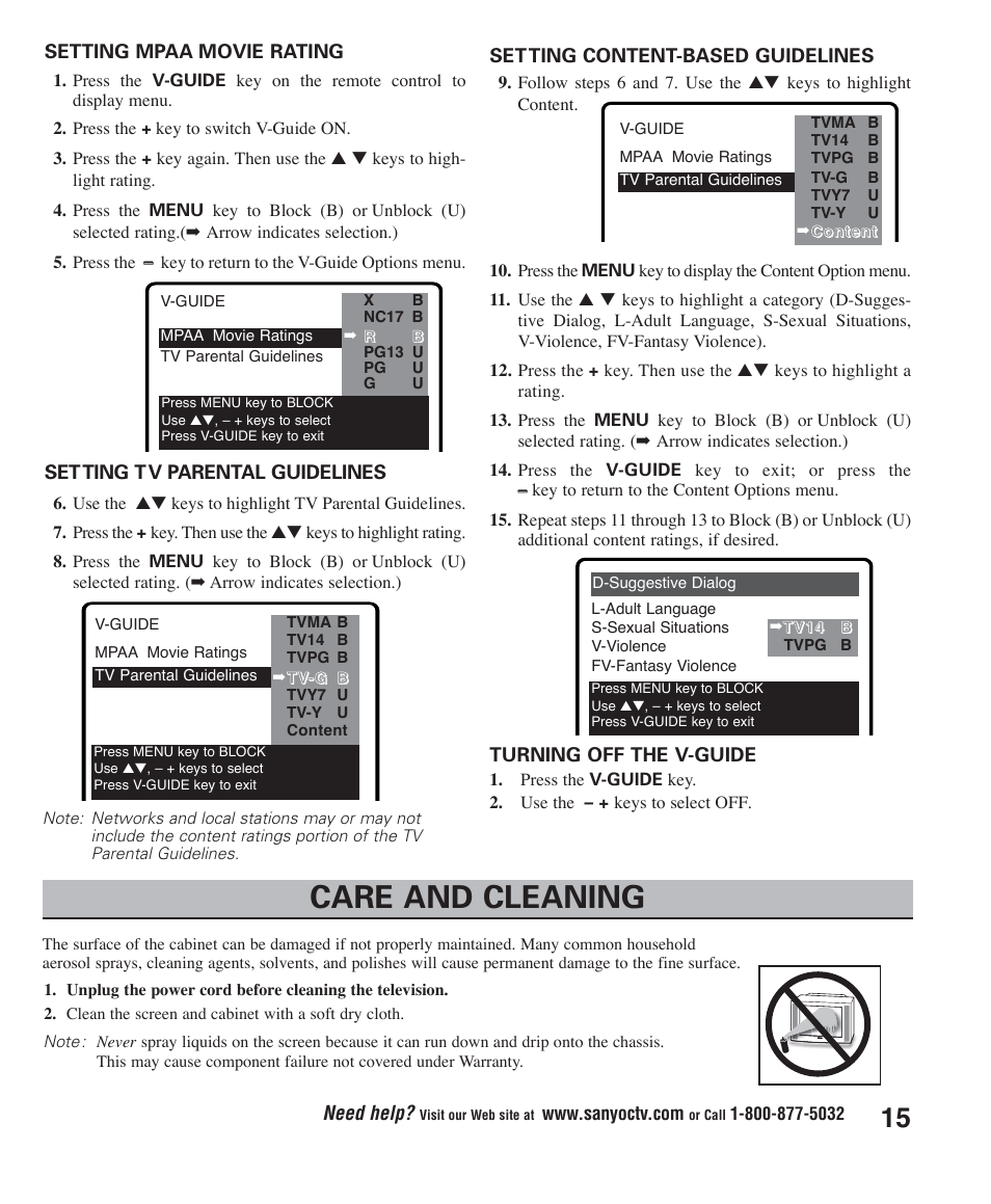 Care and cleaning | Sanyo DS27425 User Manual | Page 15 / 18