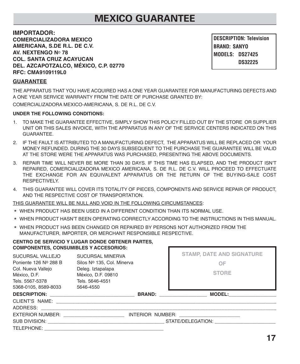 Mexico guarantee | Sanyo DS27425 User Manual | Page 17 / 18