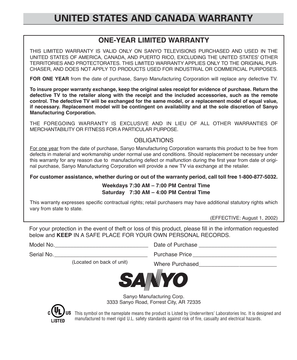 United states and canada warranty | Sanyo DS27425 User Manual | Page 18 / 18