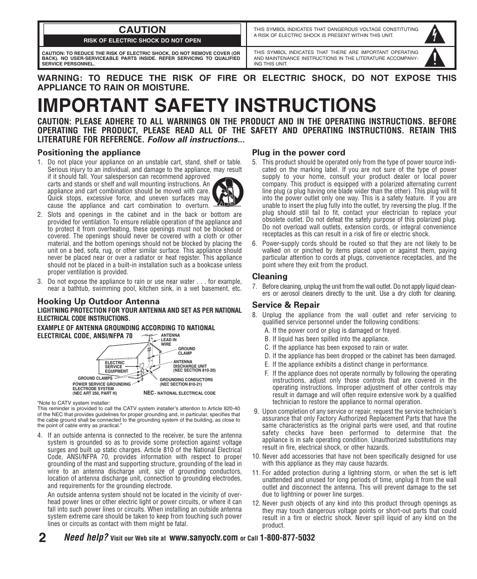 Important safety instructions, Need help, Caution | Positioning the appliance, Hooking up outdoor antenna, Plug in the power cord, Cleaning, Service & repair | Sanyo DS27425 User Manual | Page 2 / 18