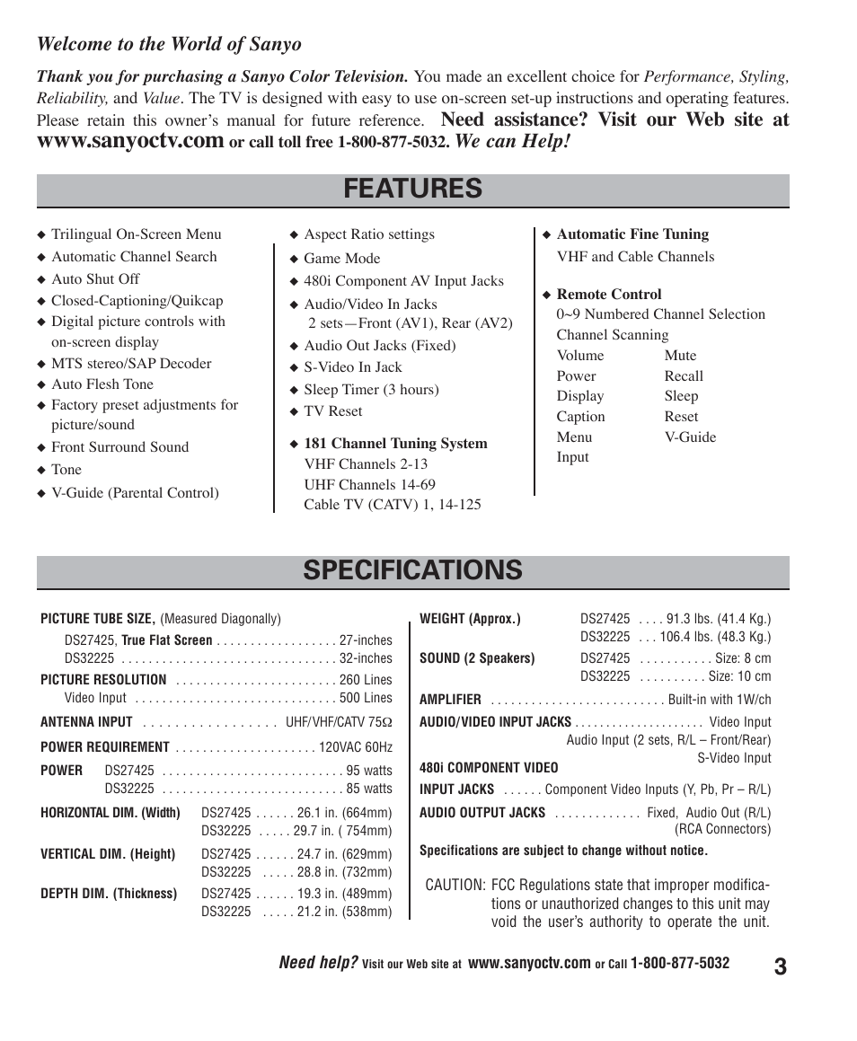 Features specifications, Welcome to the world of sanyo, Need assistance? visit our web site at | We can help | Sanyo DS27425 User Manual | Page 3 / 18