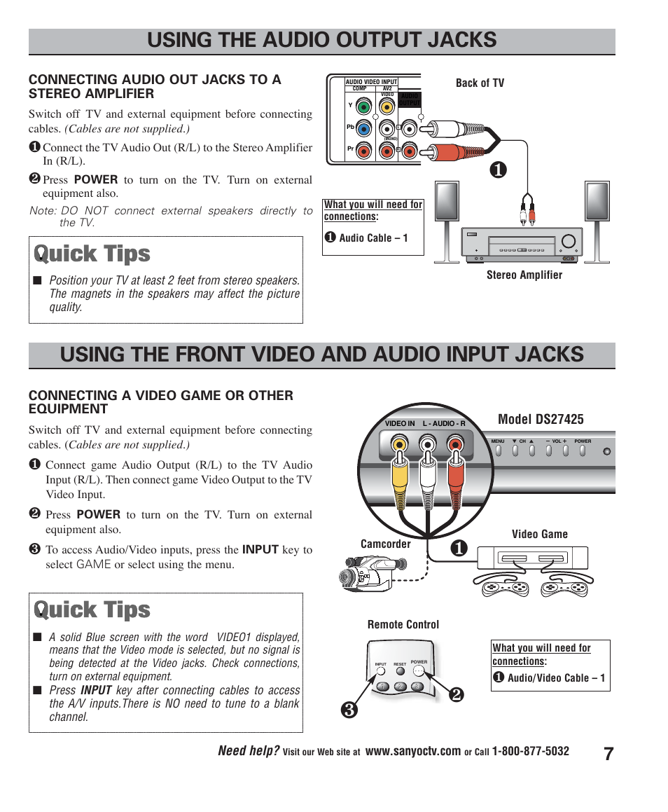 Front video and audio input jacks, Audio output jacks, Using the | Need help | Sanyo DS27425 User Manual | Page 7 / 18