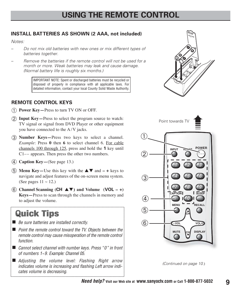 Remote control, Using the | Sanyo DS27425 User Manual | Page 9 / 18